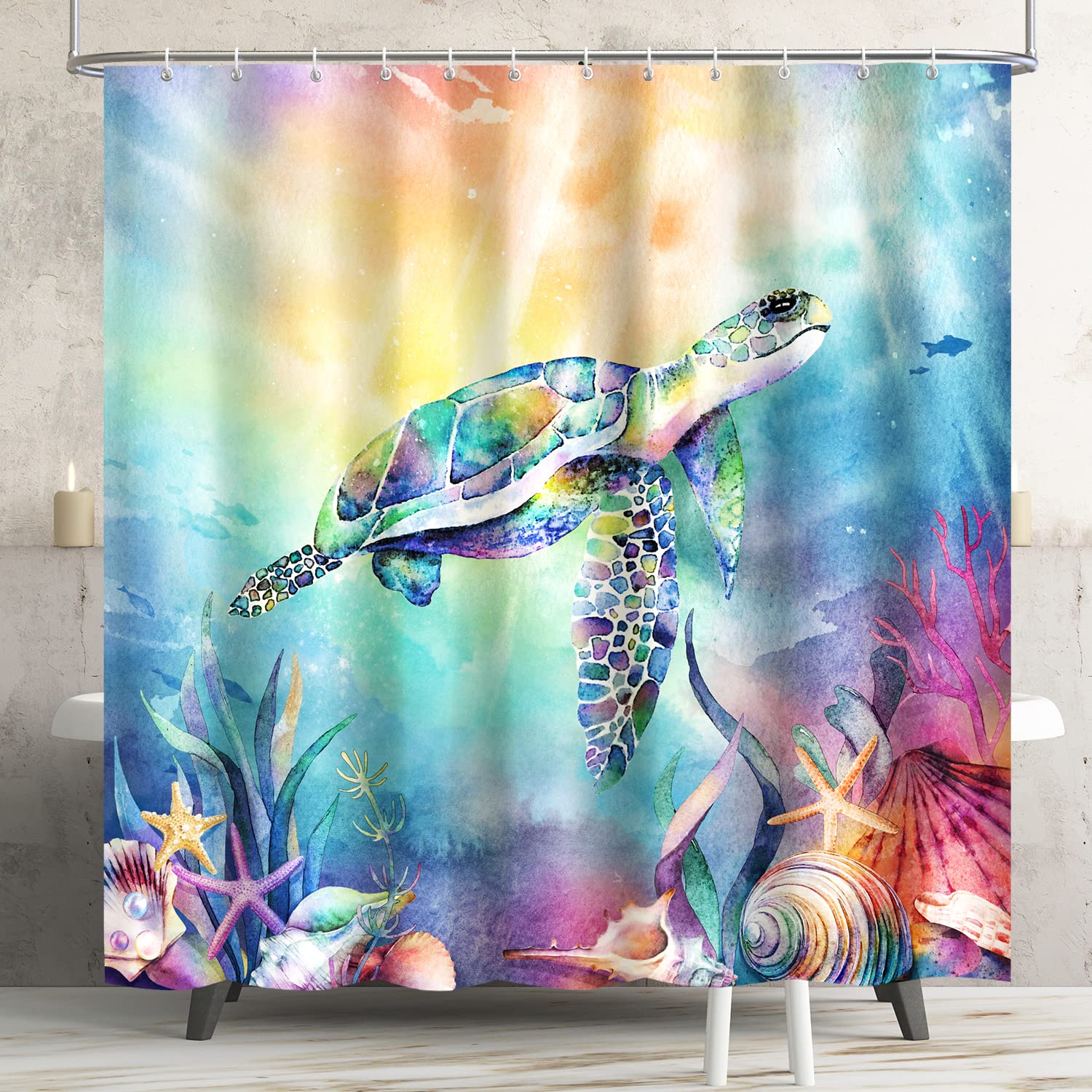 Blue Ocean Shower Curtain Teal Sea Turtle Shower Curtains For Bathroom, Waterproof Fabric Shower Curtain Set With Hooks, Nautica