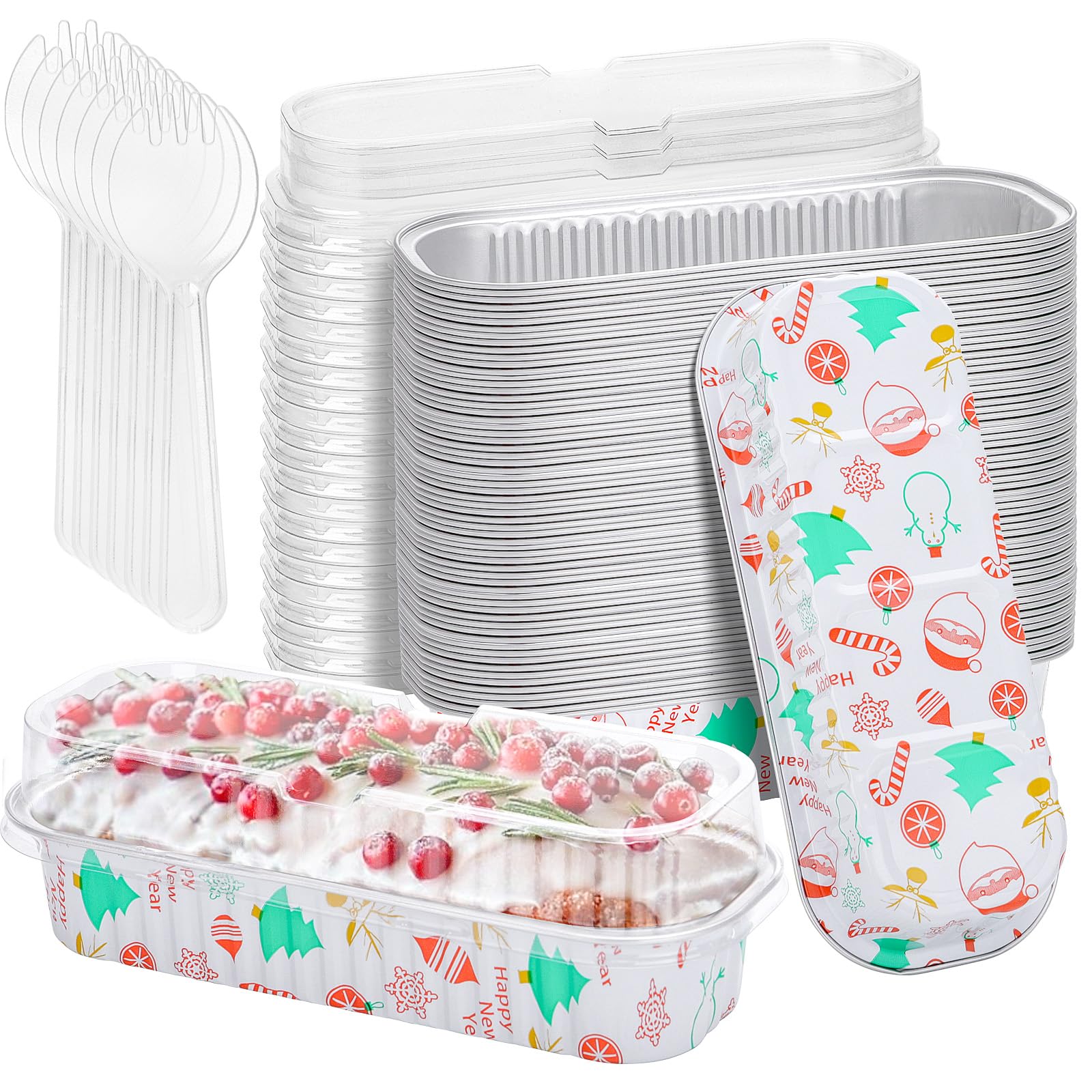 ylnurac 50Pack Christmas Mini Cake Pans Disposable Mini Loaf Pans with Lids and Spoons, 6.8Oz Aluminum Foil Pans Tins, Individua