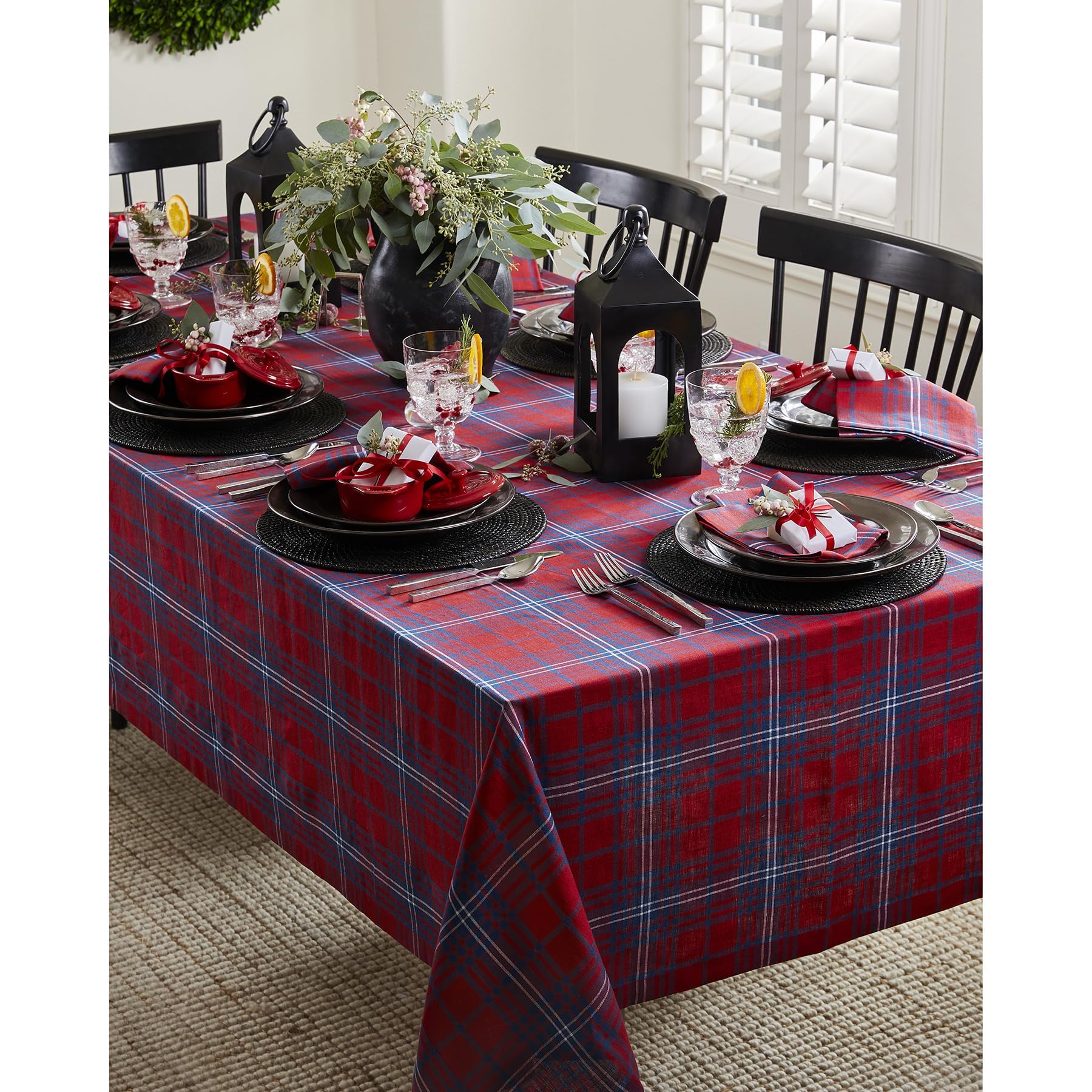 Solino Home Tablecloth 144'' L X 60'' W Inch - 100% Pure Linen Red And Navy Tartan Plaid Tablecloth - Handcrafted And Machine Wa
