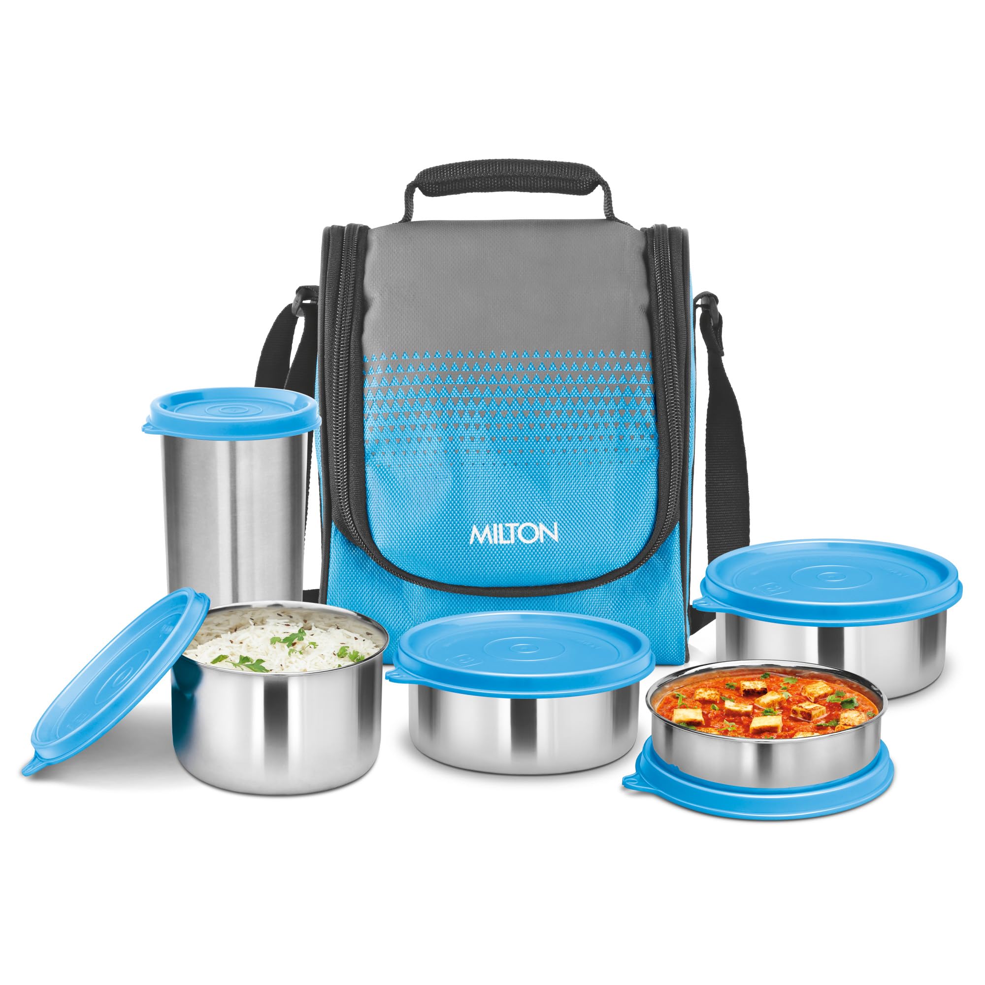 Milton Tasty 4 Stainless Steel Lunch Box With 4 Containers, (1-200 Ml, 2-320 Ml Each, 1-500 Ml) And 1 Tumbler, 530 Ml, Cyan