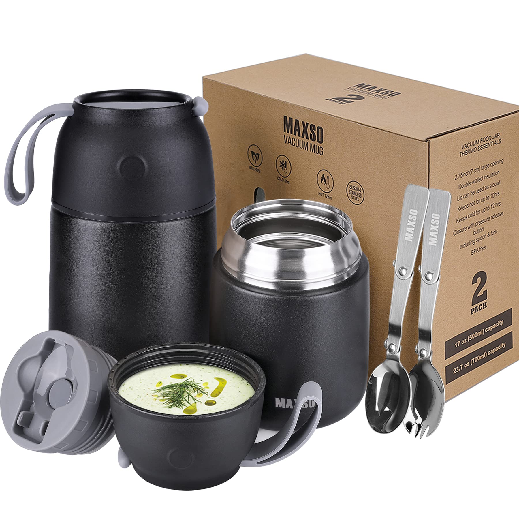 Maxso 2 Pack Soup Thermo For Hot & Cold Food For Kids Adults, Vacuum Insulated Food Jar Thermal Lunch Containers, Travel Food Fl