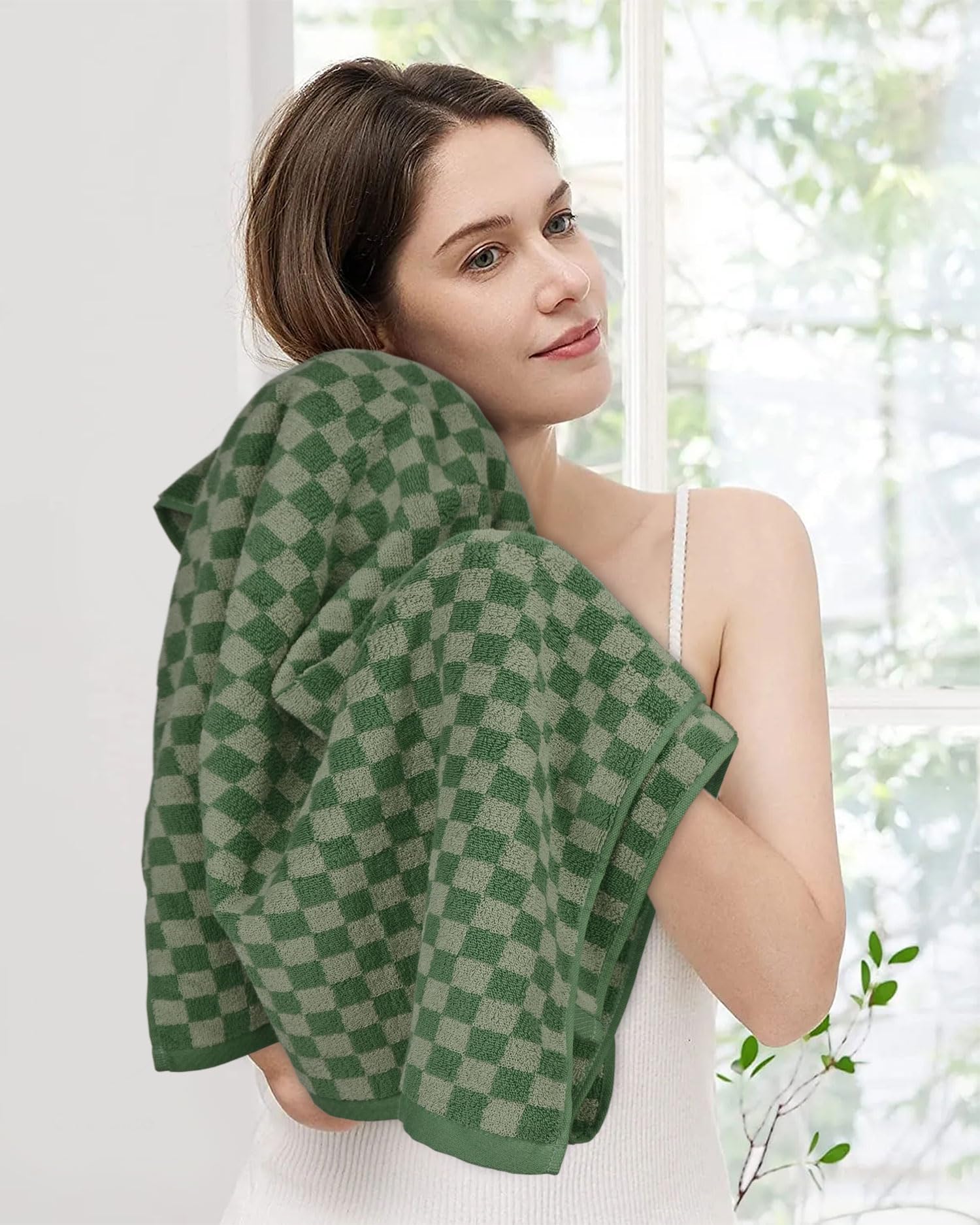 Jacquotha Luxury Bath Towels For Bathroom Green Checkered (54X28 Inches) - Cotton Soft Absorbent Shower Towels 2 Pack Daily Use