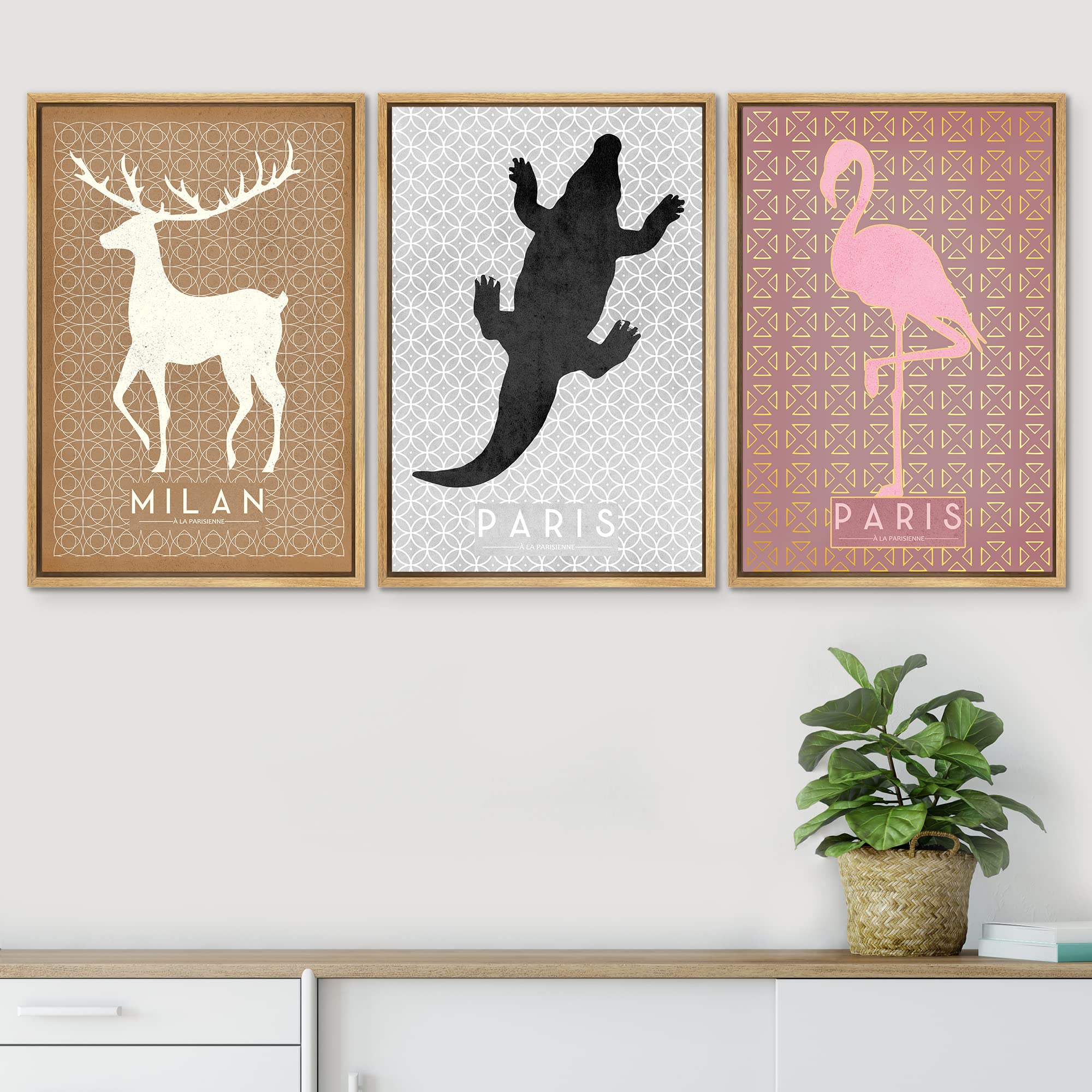 Signwin Framed Canvas Print Wall Art Set Milan Alligator, Flamingo Pattern Nature Animals Illustrations Modern Art Rustic Group