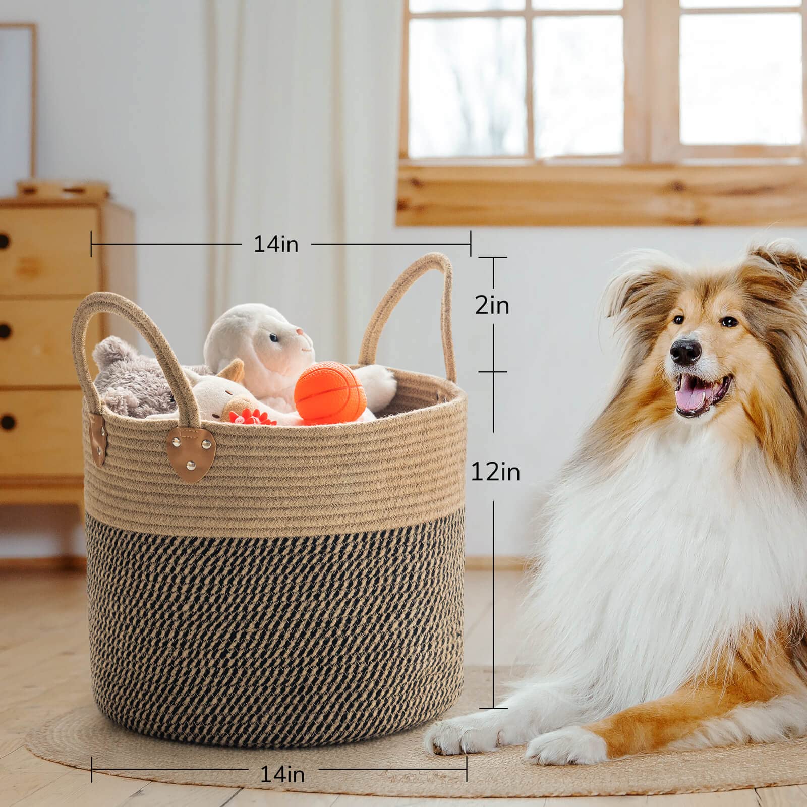 CHICVITA Jute Woven Storage Basket With Handles  Wicker Floor Basket  Boho Decorative Basket For Blanket  Toy  Shoe  Firewood  Farmhouse Plant Basket for Living Room  14'' X 14'' X 12''  Jute