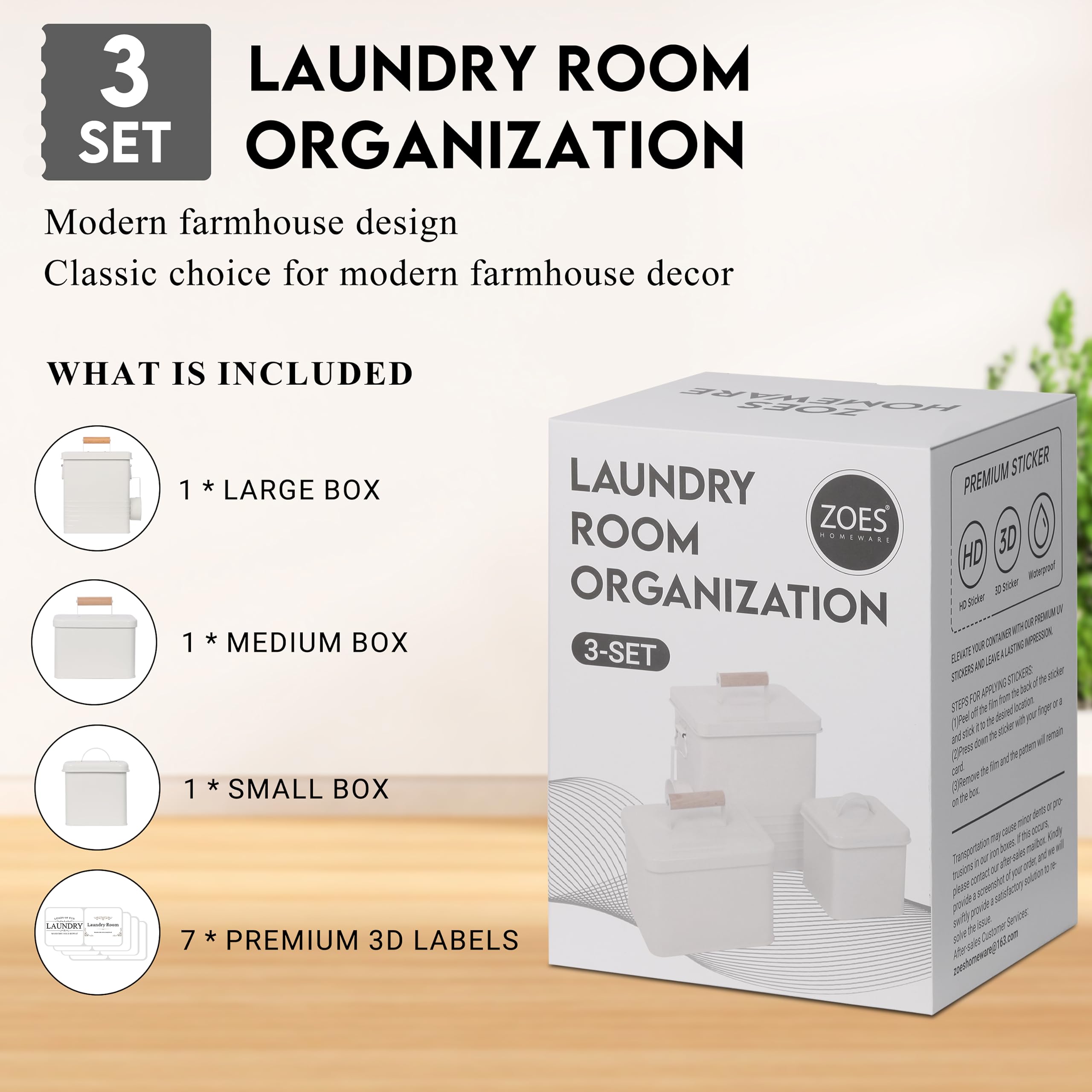 ZOES HOMEWARE 3-Set Laundry Room Organization and Storage  Modern Farmhouse Laundry Room Decor  Laundry Container for Organizing Laundry Pods  Laundry Powder  Dryer Sheets  Dryer Balls