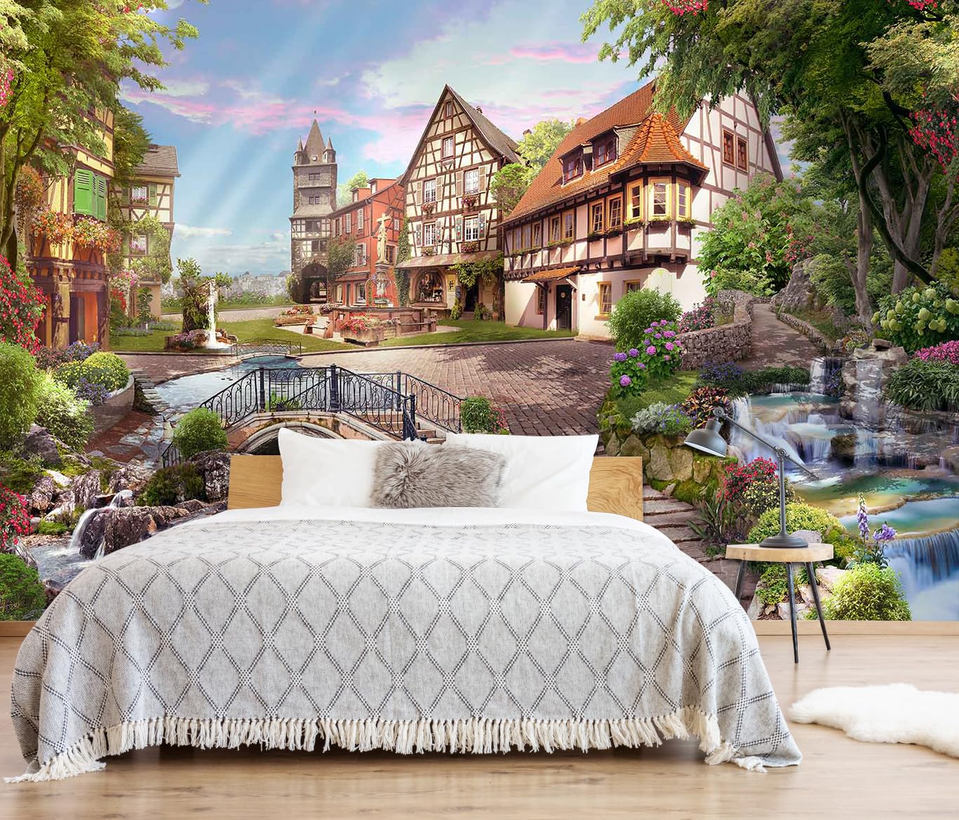 Toolhom Flowery Waterfall And Beautiful Street Scene In The Sunshine Wall Mural For Living Room, Bedroom, Bathroom Backdrop Deco