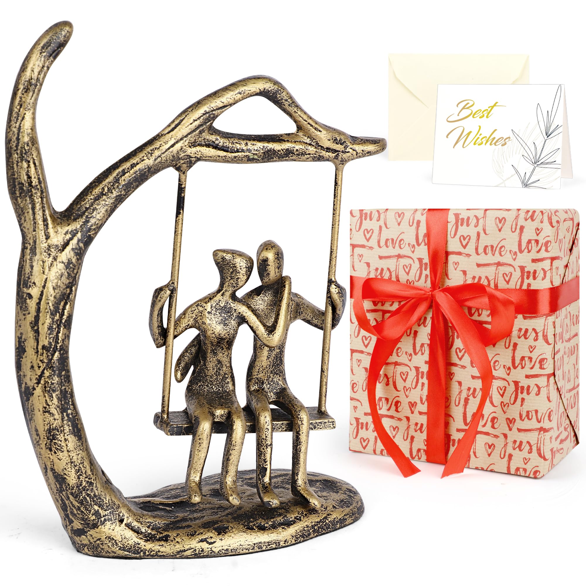 Kresecioo Anniversary Wedding Gifts for Couple/Her - Romantic Couple Statue in Love, Antique Gold Metal Figurine Sweet Loving To