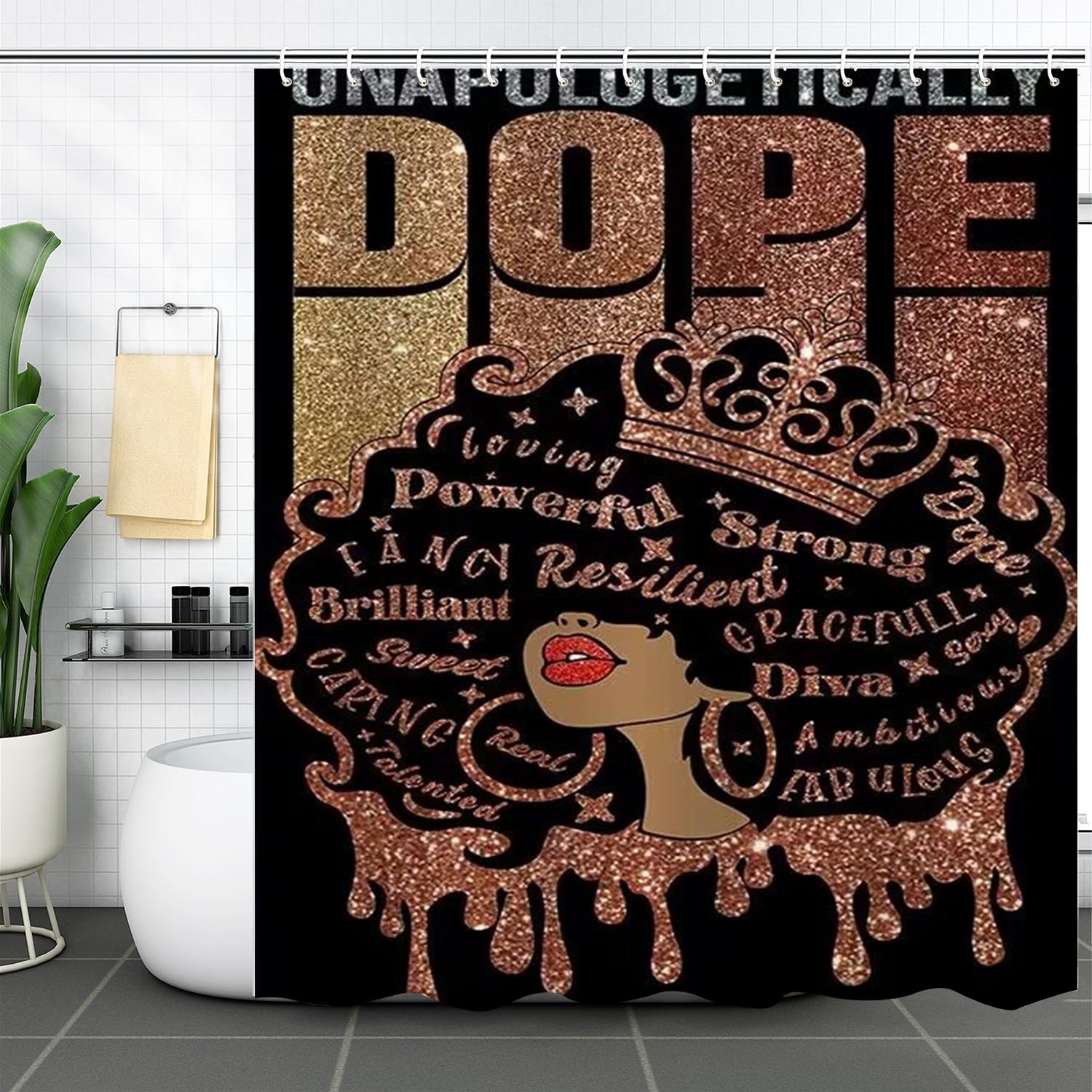 Black Woman Shower Curtain African American Fashion Afro Black Girl Shower Curtains Pink Rose Inspirational Motivational Quotes