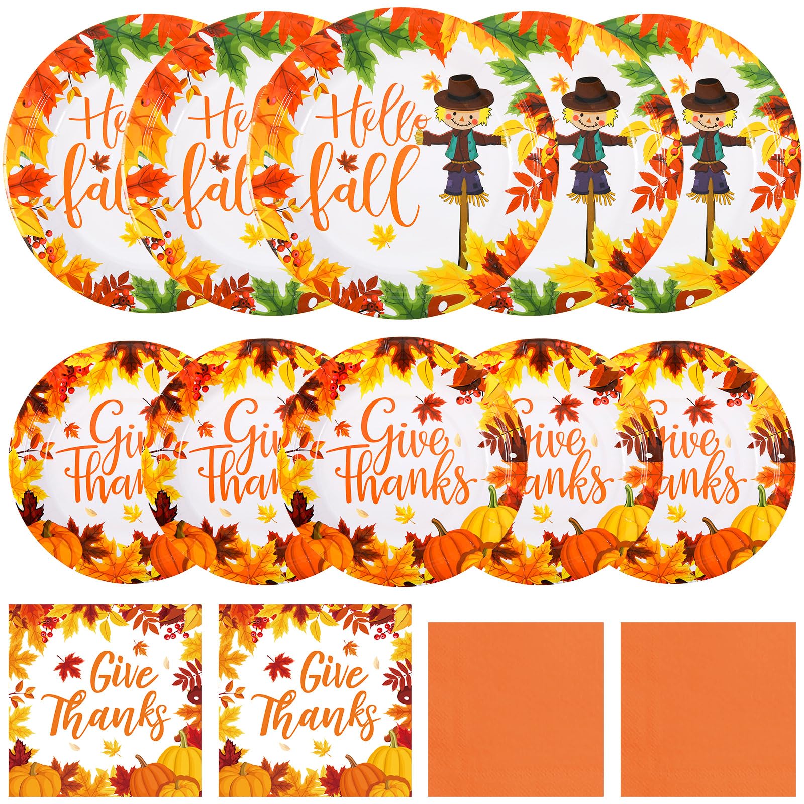 Funnymoom 200 Pcs Fall Thanksgiving Tableware Give Thanks Hello Fall Pumpkins Disposable Paper Dinner Dessert Plates Maple Leave