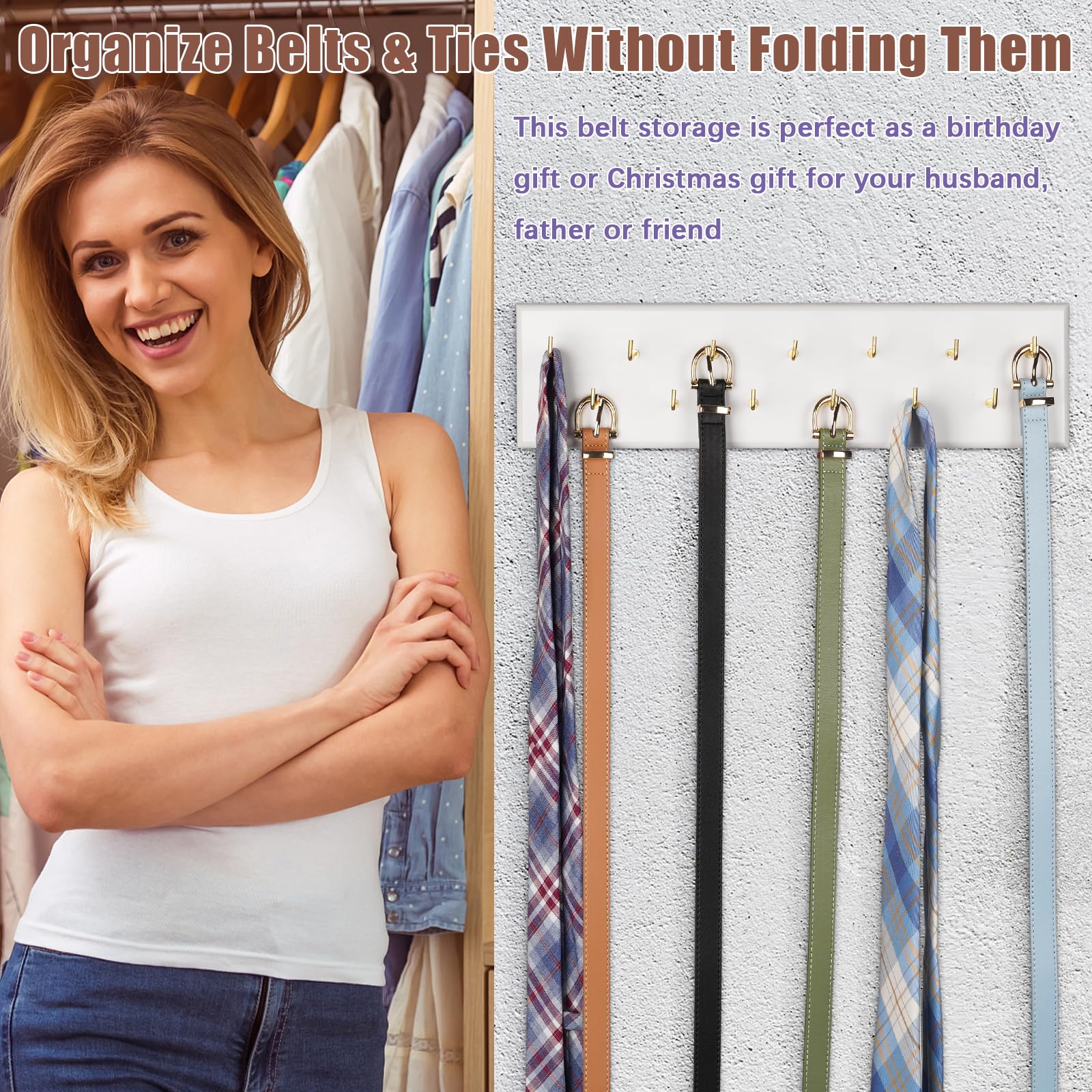 Creproly Belt Hanger Wall Mount Belt Organizer For Closet, Holds Over 28 Belts Wooden Wall Mounted Belt Rack Storage Tie And Sca