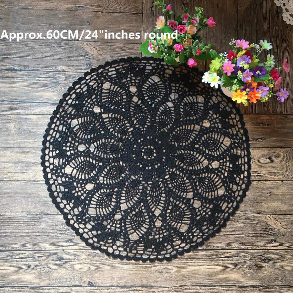 Mindplus Cotton Hand Crochet Doilies Lace Crocheted Table Cloth Doily 24 Inches Round Black