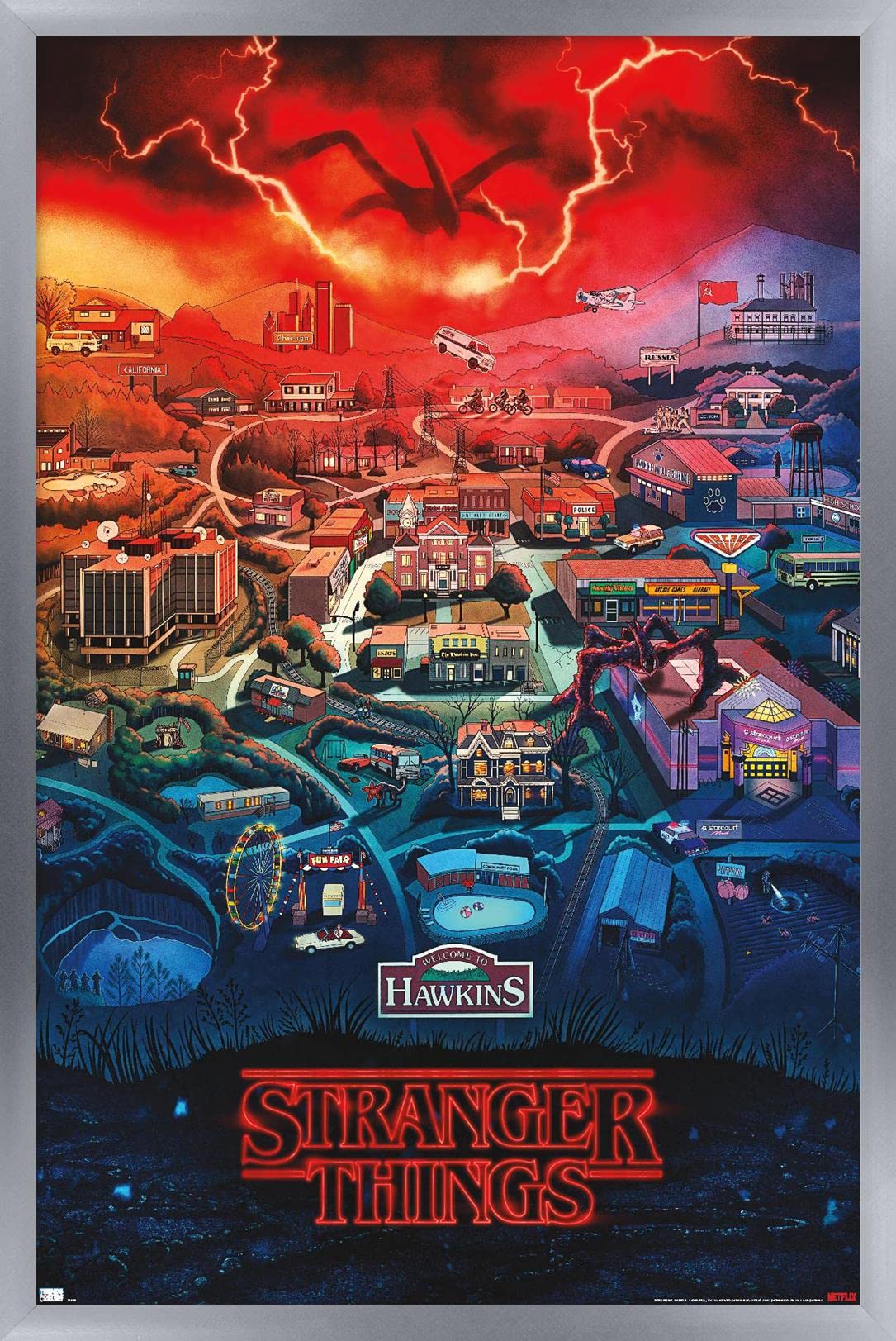 Trends International Netflix Stranger Things: Season 4 - Hawkins, Indiana Wall Poster, 14.725'' X 22.375'', Silver Framed Versio