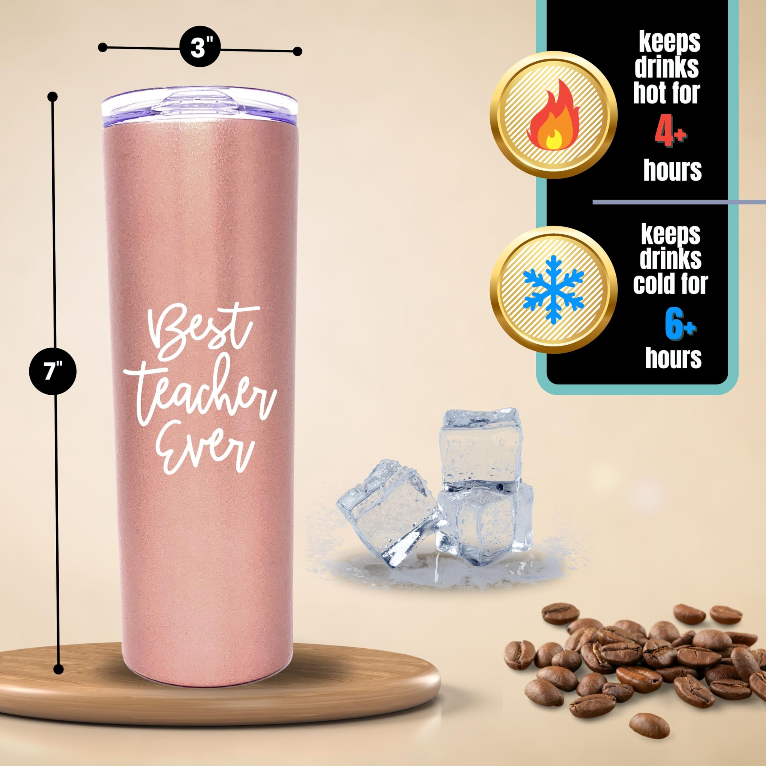 Brooke & Jess Designs Stainless Steel Teacher Tumbler, 20 Oz, Rose Gold, Best Teacher Ever, Vacuum Insulated, Double Wall, Hot &