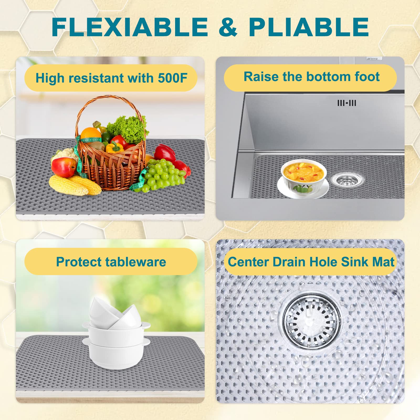 Bestjing Silicone Sink Mat, 26'' X 14'' Sink Protectors For Kitchen Sink With Center Drain, Kitchen Sink Accessory, Non-Slip Sin
