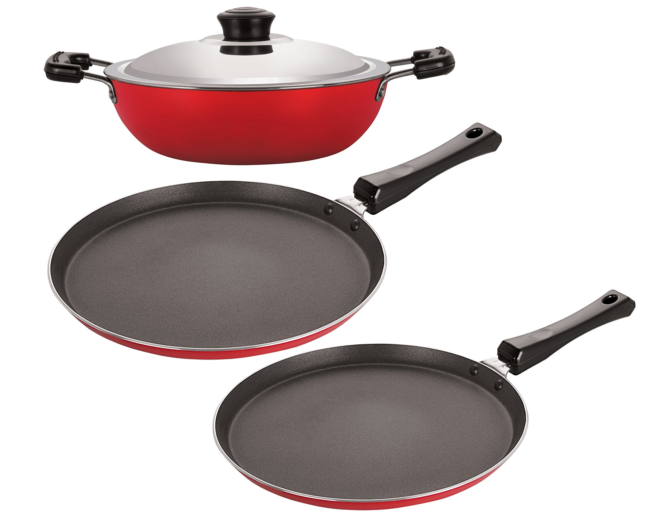 Nirlon NonStick Aluminium Kitchenware Combo Gift Set With Steel Lid, 3 Piece, Red And Black Color