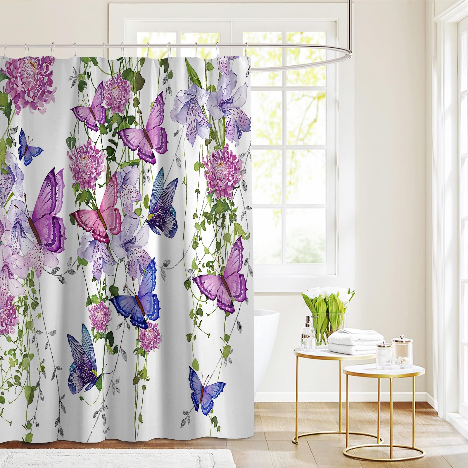 Chiinvent Purple Shower Curtain Butterfly Shower Curtains For Bathroom, Spring Shower Curtain Lavender Lilac Pink Floral Shower