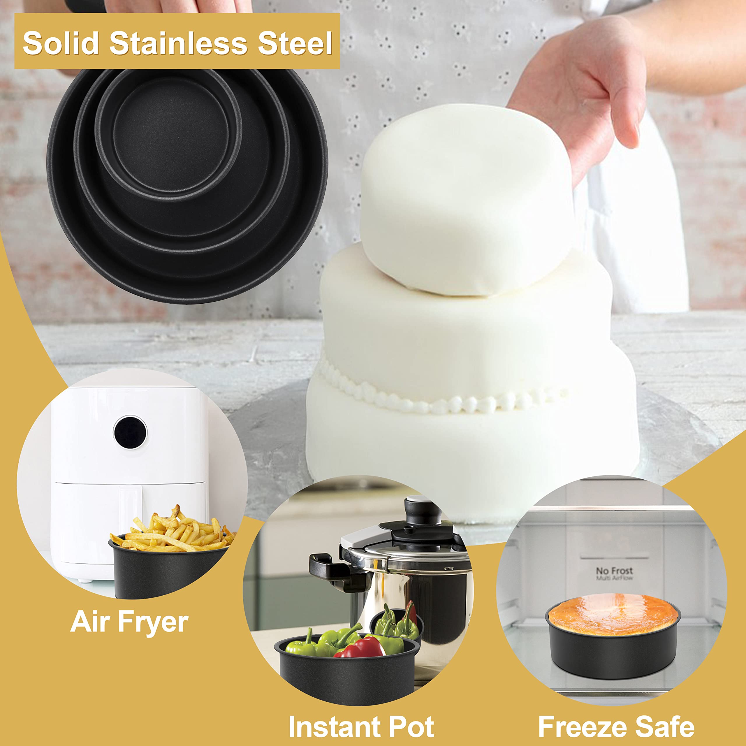 E-Far Deep Cake Pan Set Of 3 (4/6/8 Inch), Nonstick Stainless Steel Round Cake Pans Tins For Baking Layer Wedding Cakes, Stainle
