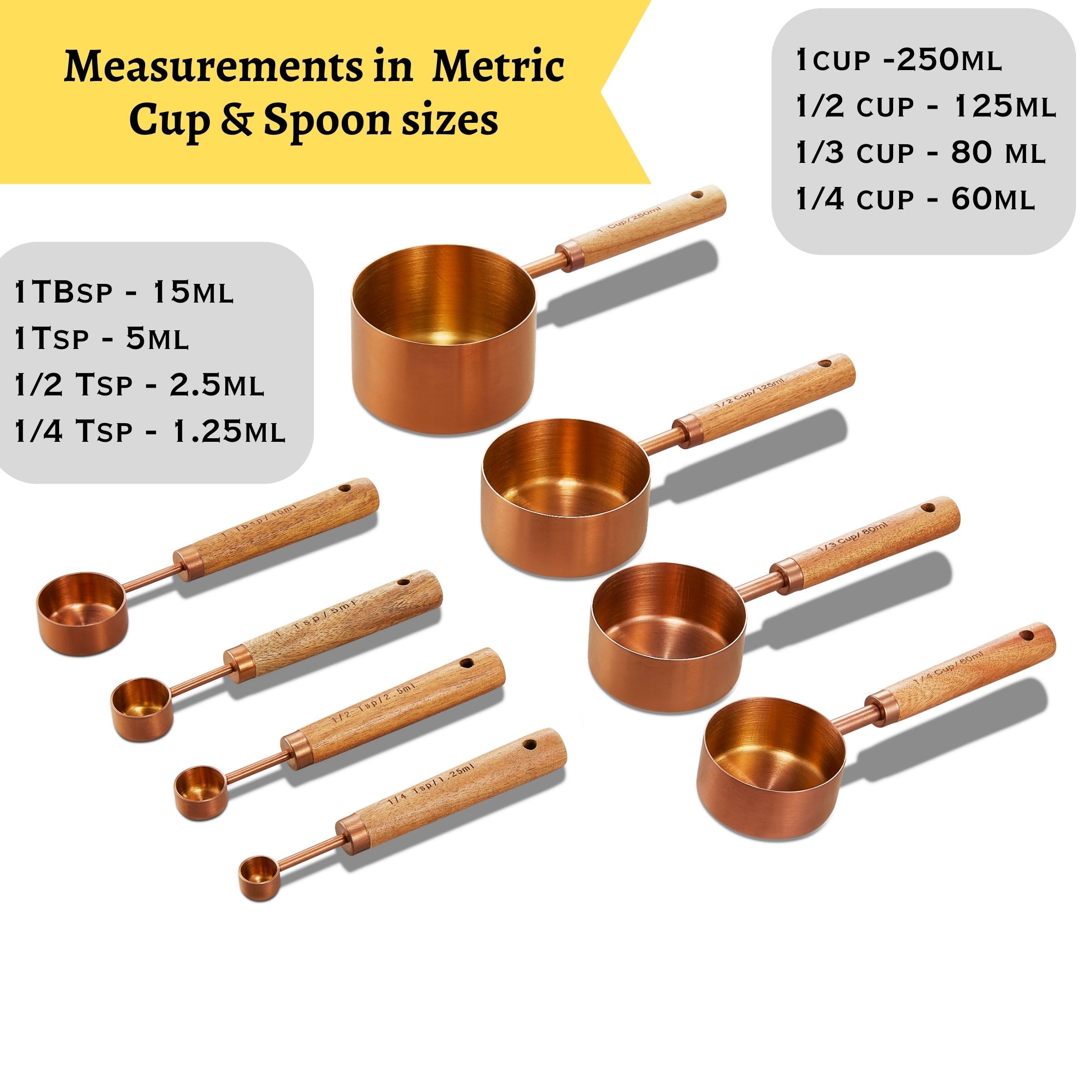 Copper Stainless Steel Measuring Cups And Spoons Set Of 8, Wooden Handle With Us Measurements, Metric Cups And Spoons For Cookin