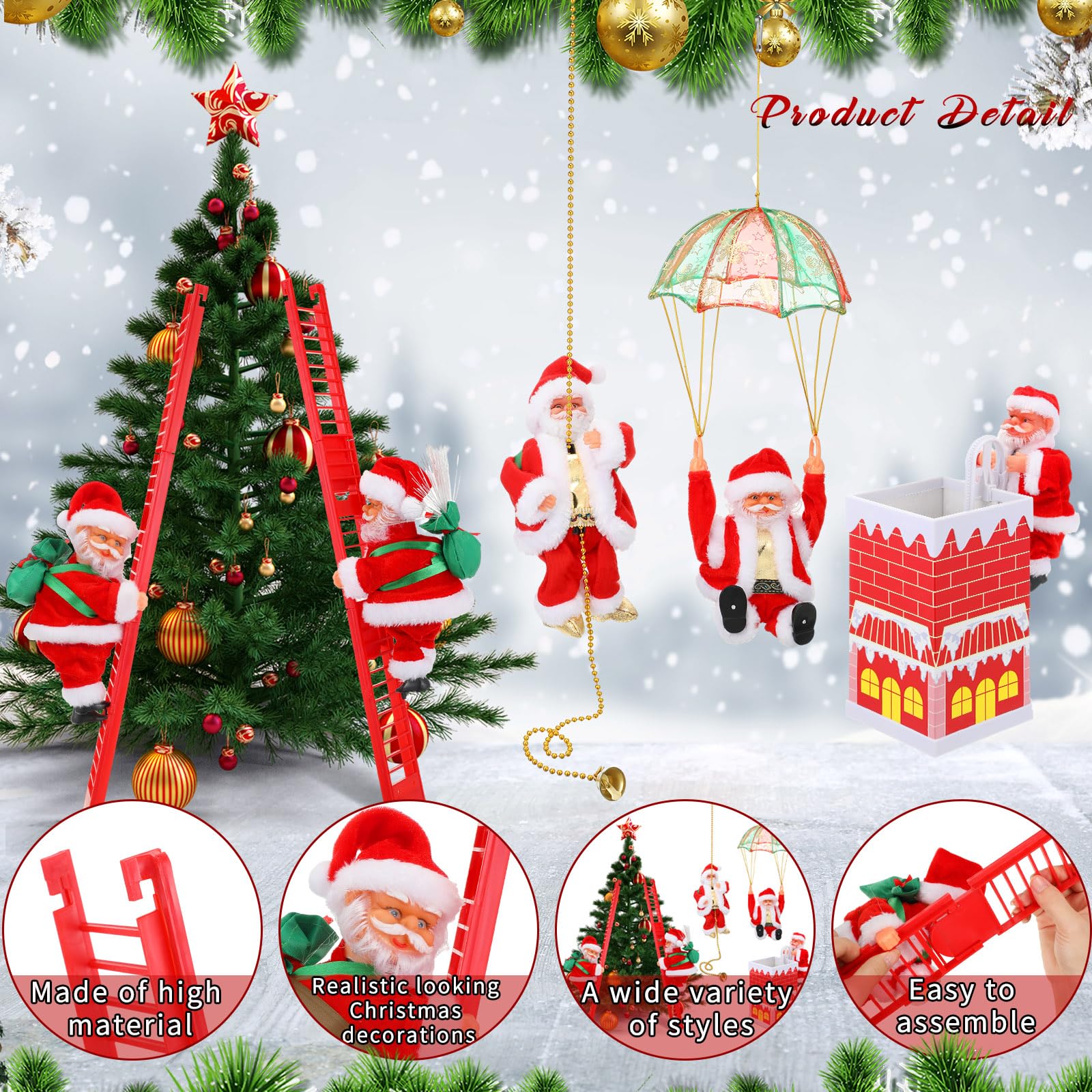Poen 5 Pcs Electric Climbing Santa Decoration - Santa Claus Climbing Tree Rope Ladder Parachute Somersault Musical Hanging Ornam