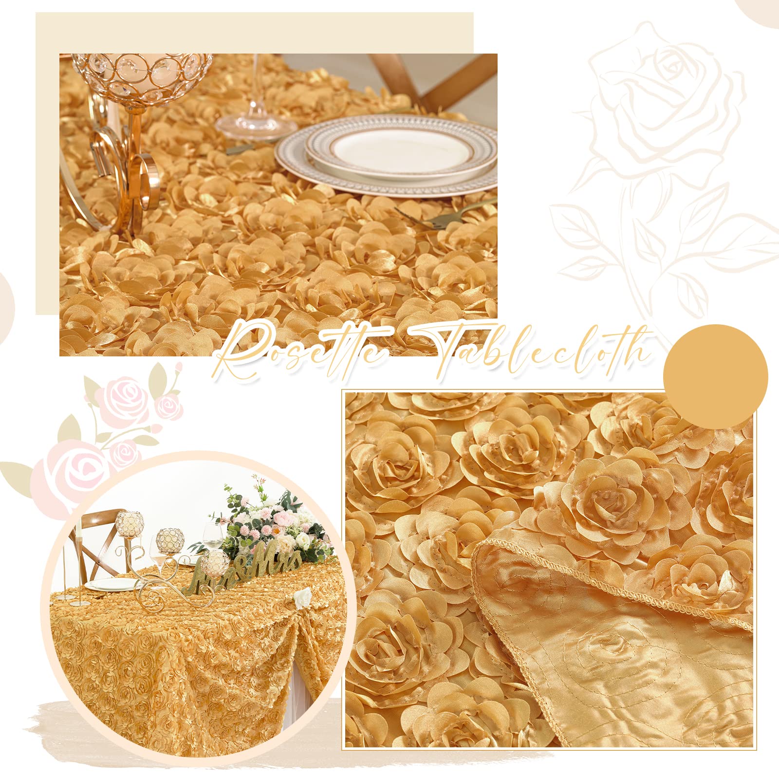 Fanqisi 3D Floral Satin Rectangular Tablecloth 90X132 Inches Gold Rosette Tablecloths For Wedding Party Baby Shower Dinner Table