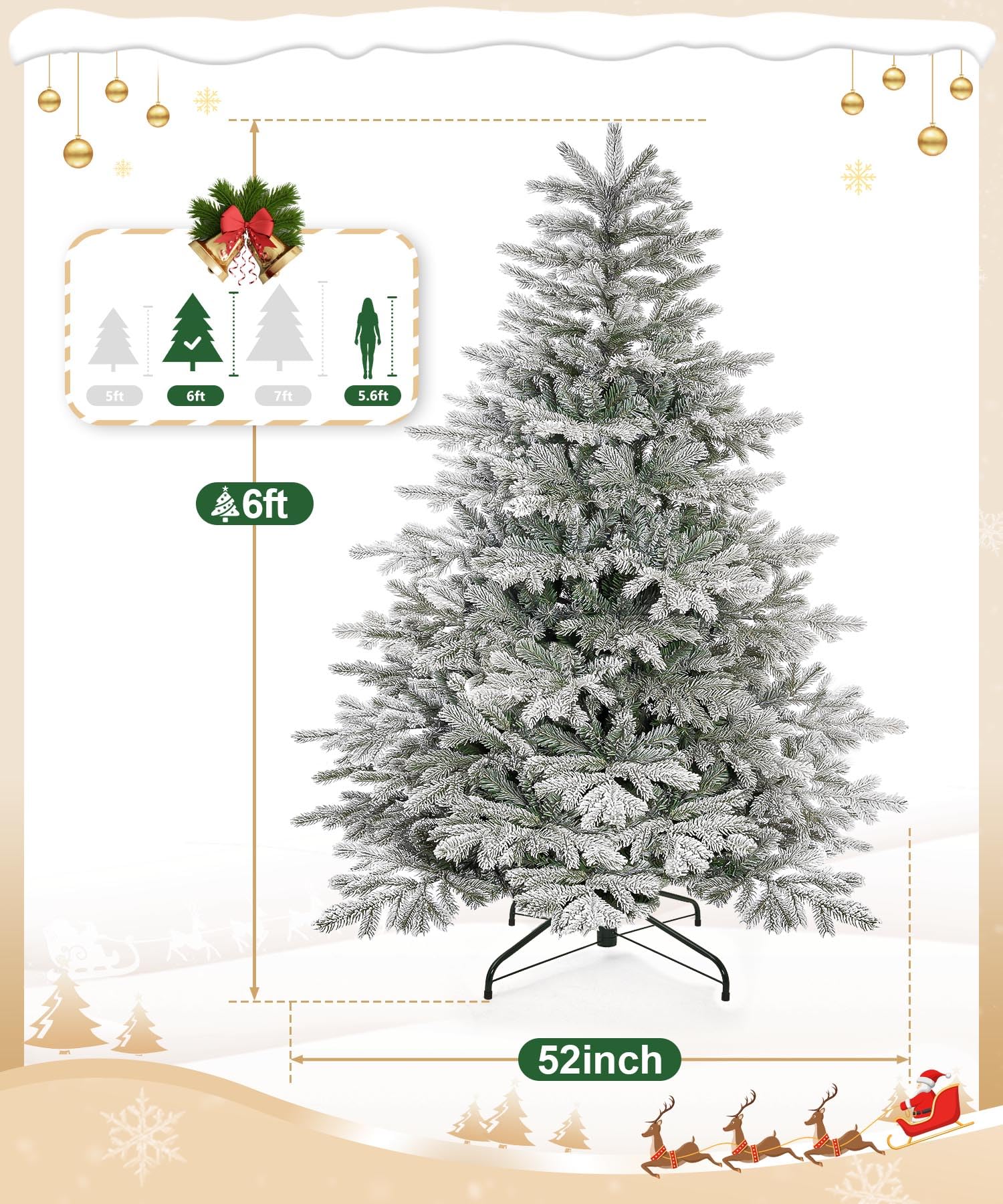 Decoway 6ft Artificial Christmas Tree, Unlit Snow Flocked Xmas Tree with 1571 Branch Tips and Sturdy Metal Stand for Indoor Outd