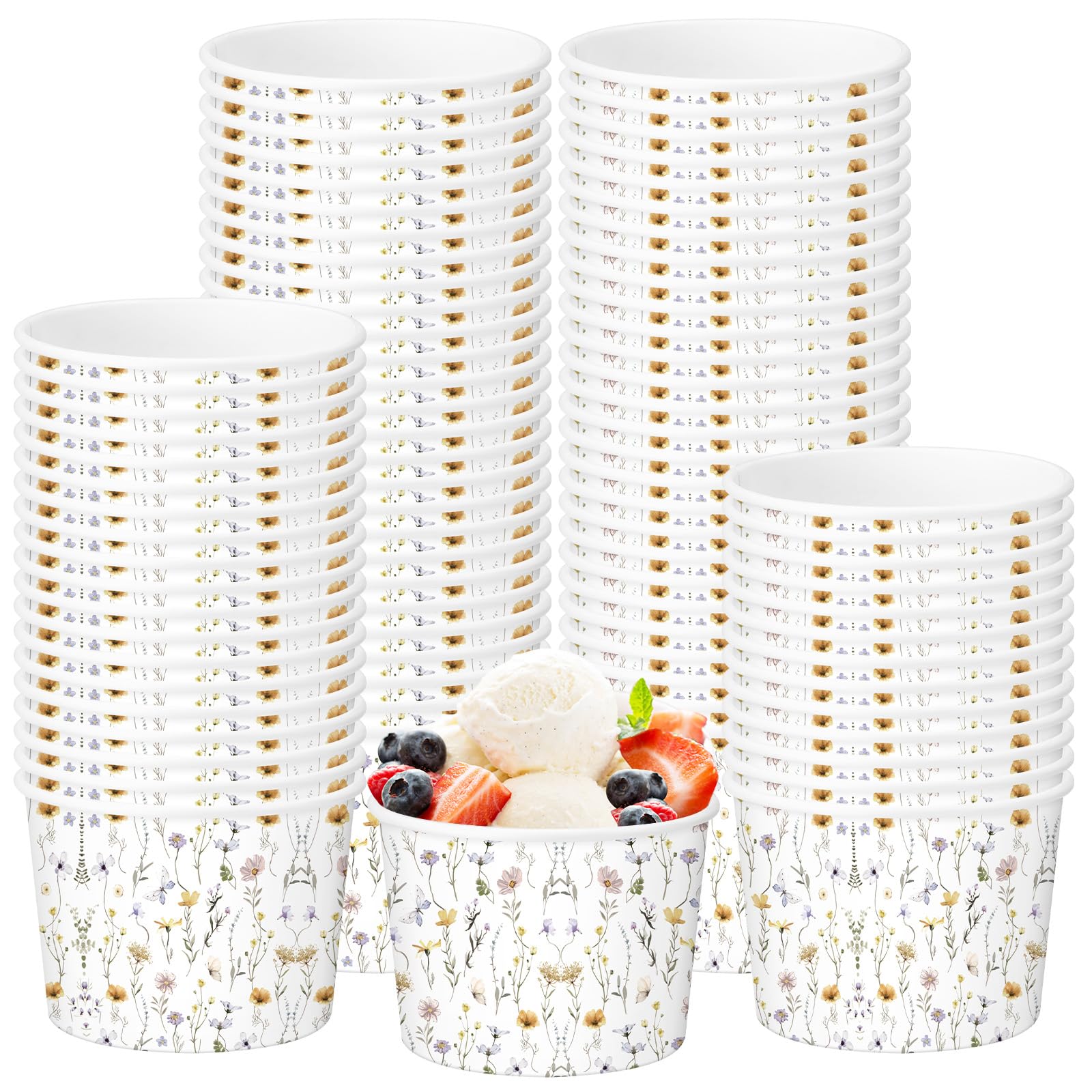Funnymoom 50 Pack Wildflower Treat Snack Cups Floral Paper Ice Cream Cups 9 oz Summer Flowers Disposable Dessert Bowls Paper Sou