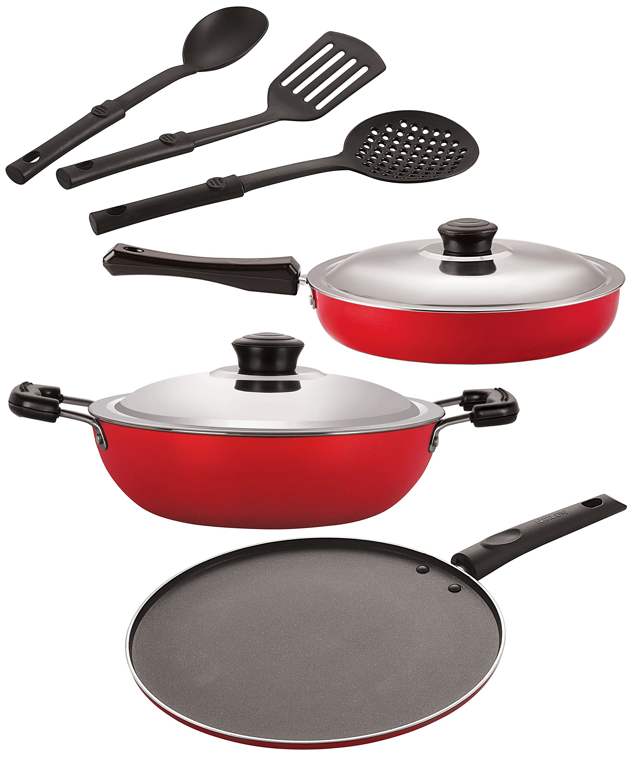 Nirlon Aluminium Nonstick Coated 6 Pcs Set Of Deep Kadhai26Cm,Fry Pan24Cm,Smart Tawa26.5Cm & 3 Spoon (2.6Mm_Dkd(J)_Fp12_St11_