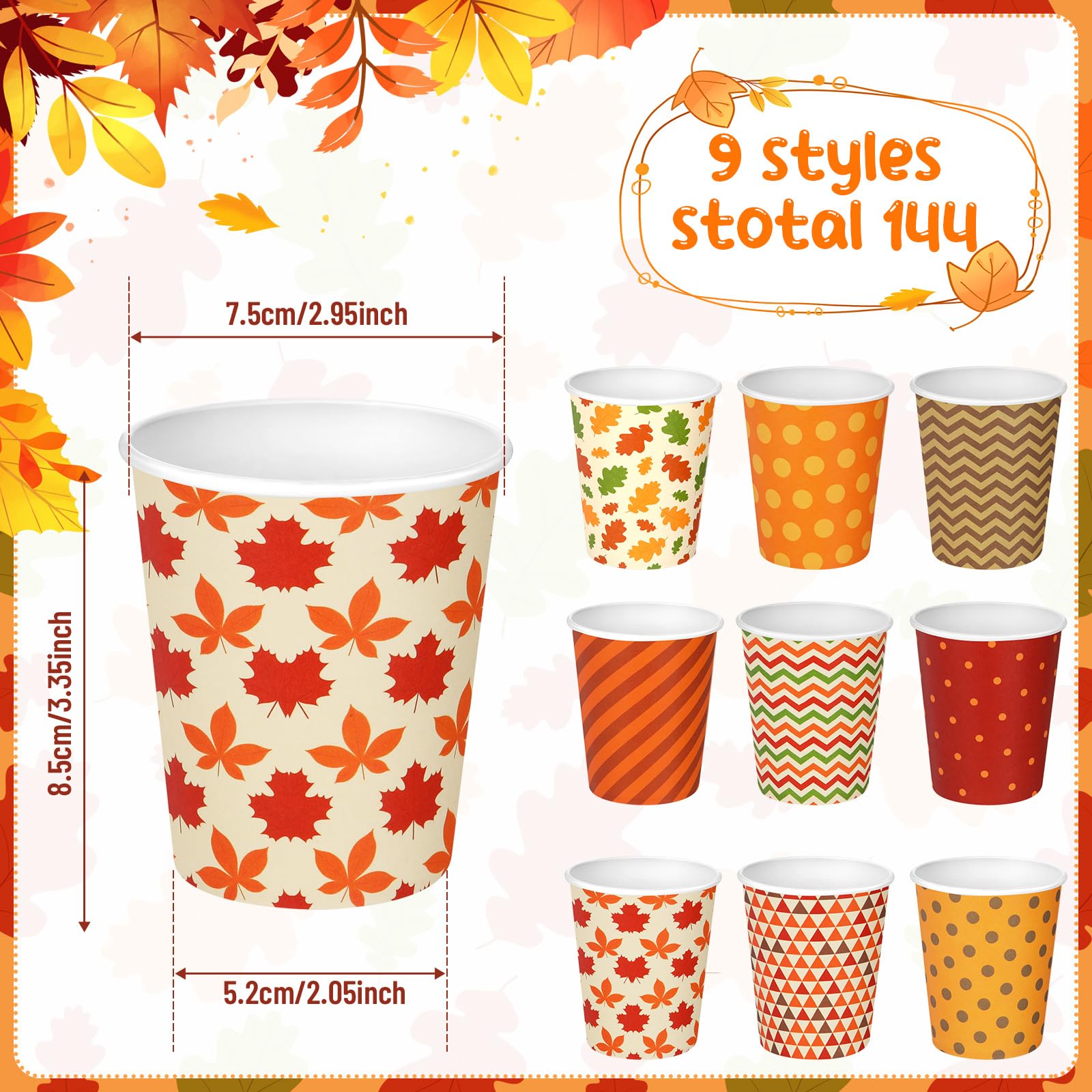 Sieral 144 Pcs Thanksgiving Paper Cups 8 oz Fall Disposable Coffee Cups Assorted Maple Leaves Harvest Holiday for Hot Cold Drink
