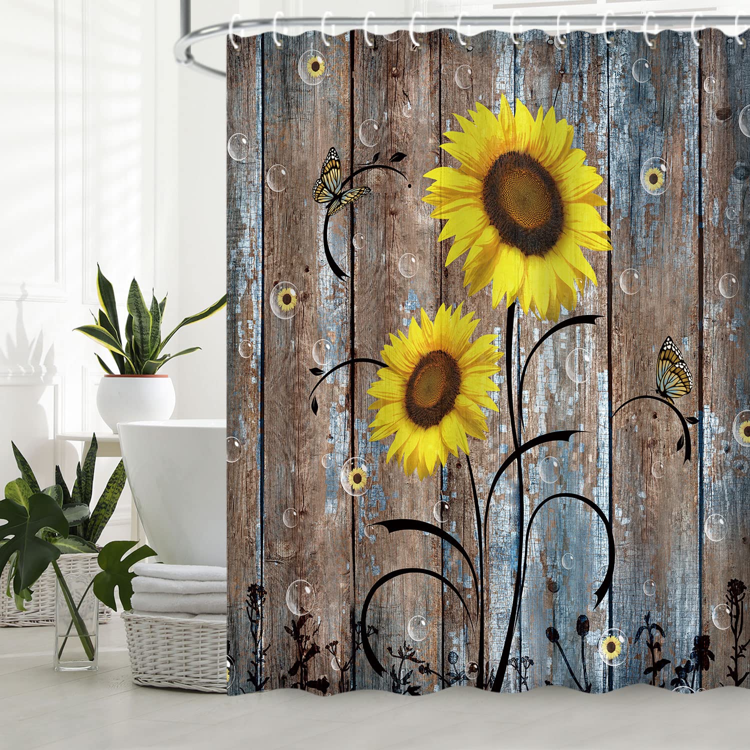 Rosielily Sunflower Shower Curtain, Country Shower Curtain, Rustic Yellow Floral On Brown Door Fall Autumn Farmhouse 72W X 72H I