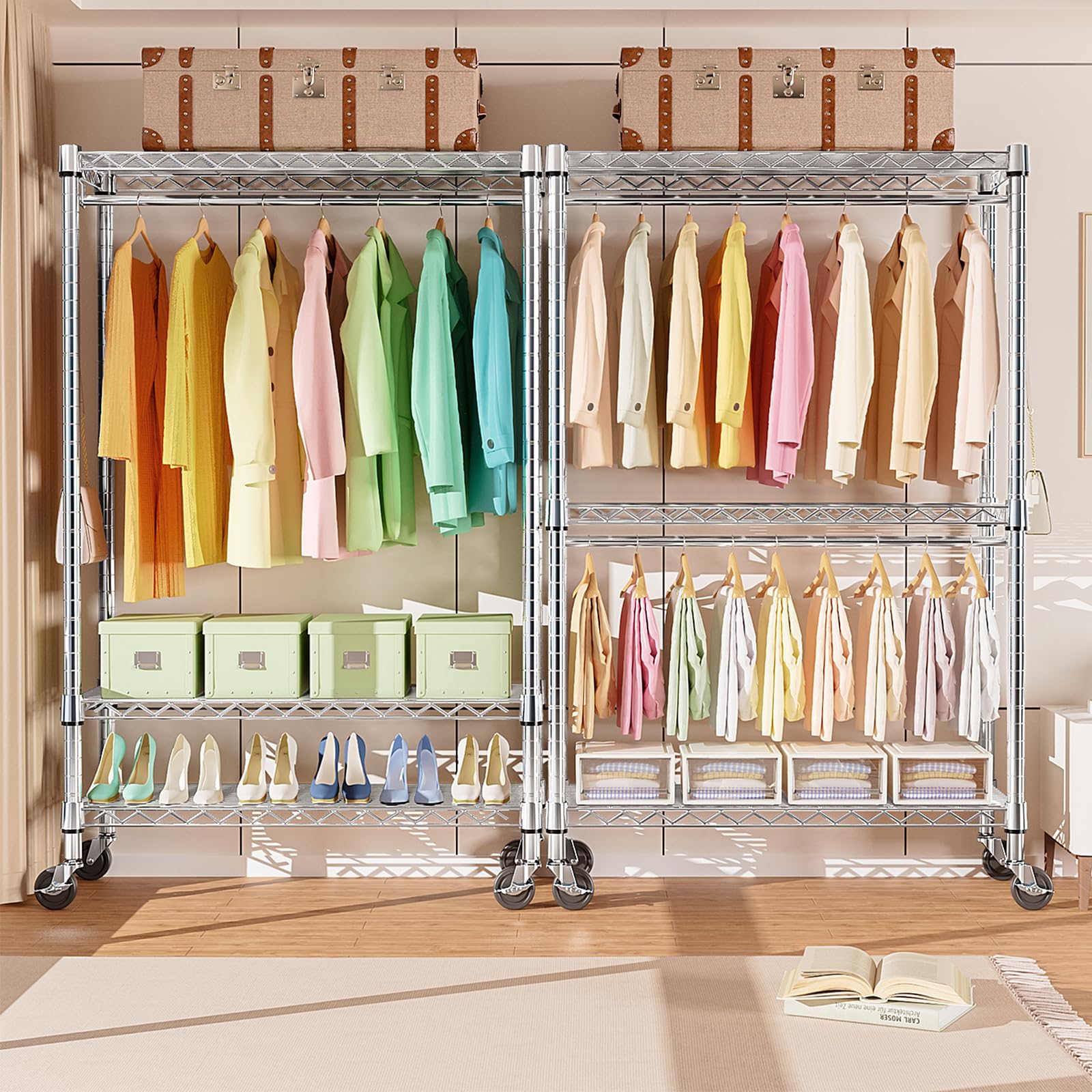 Mzg Heavy Duty Rolling Garment Rack 3 Tiers Adjustable Wire Shelving Clothes Rack With 2 Rods And Side Hooks, Storage Closet Clo