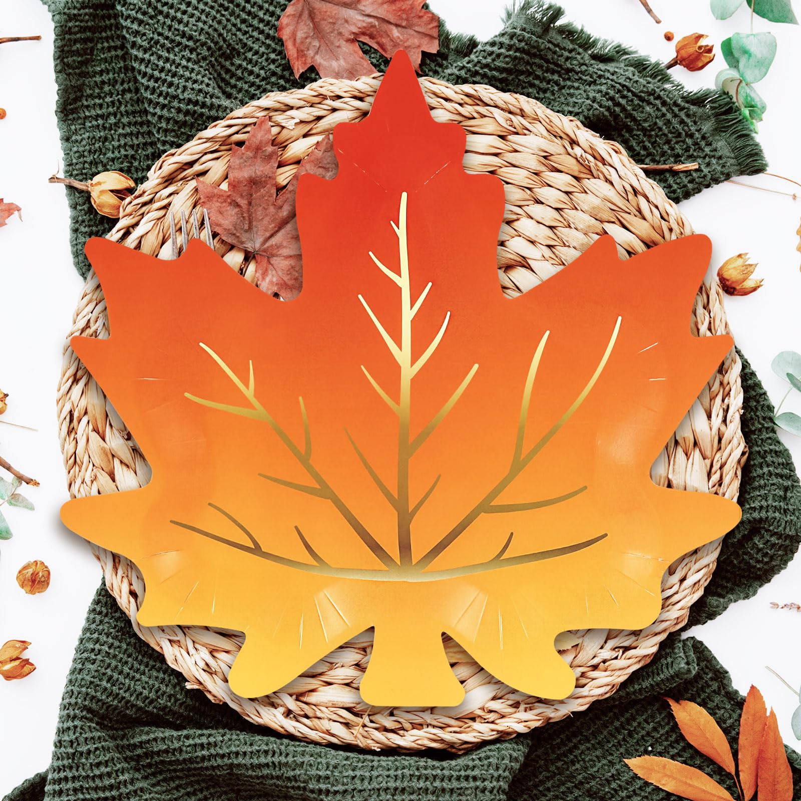 Whaline 30Pcs Fall Thanksgiving Paper Plates Maple Leaves Shaped Disposable Plates Gold Foil Autumn Leaves Harvest Plates for We
