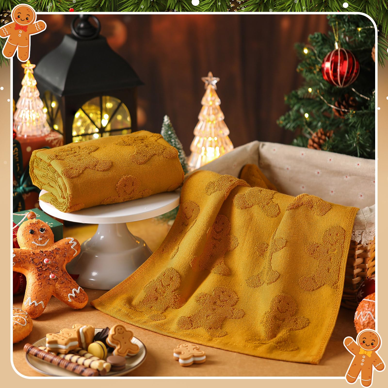 Breling 2 Pcs Christmas Hand Towels Brown Gingerbread Man Bathroom Decorative Towels 100% Cotton Absorbent Jacquard Weave Bath D