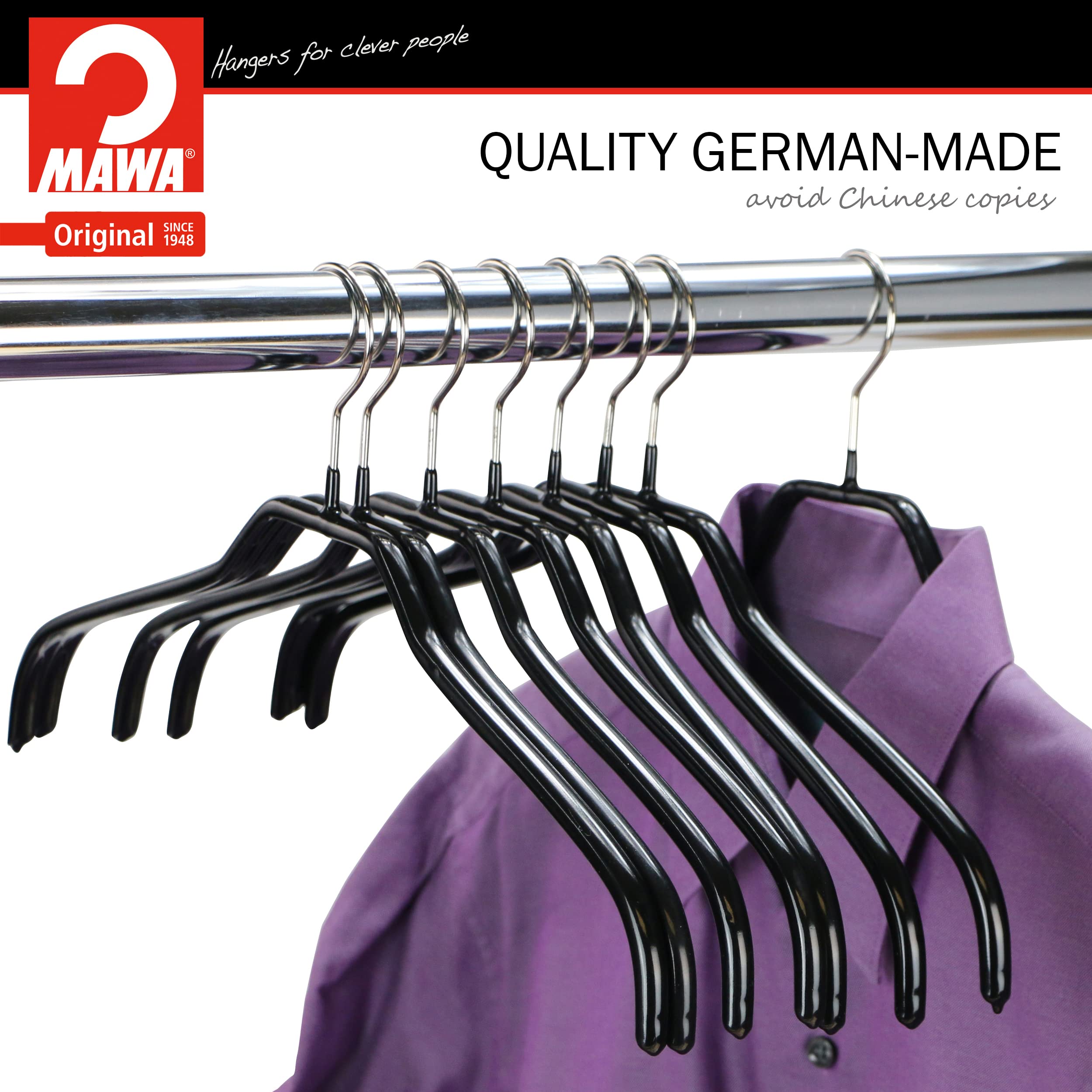 Mawa By Reston Lloyd Non Slip Space Saving Wide Width Clothing Hanger, Style 45/F, Set Of 10Pcs, Black