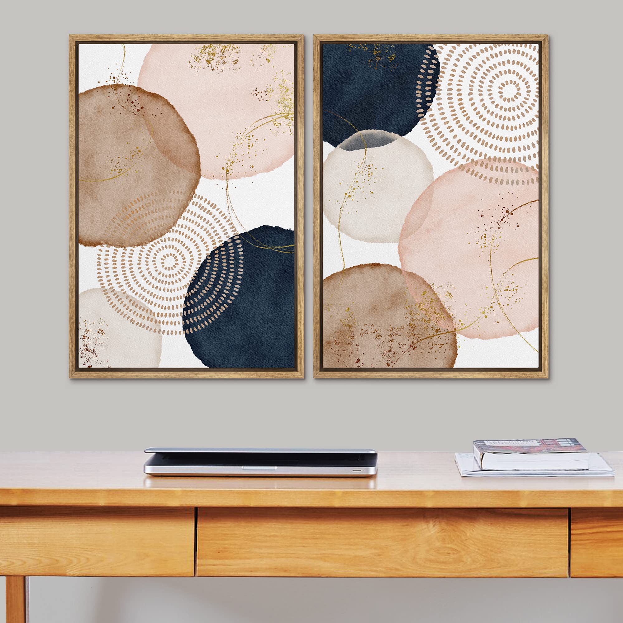 Signford Framed Wall Art Print Set Pastel Watercolor Vibrant Circle Collage Abstract Shapes Illustrations Modern Minimalist Rela