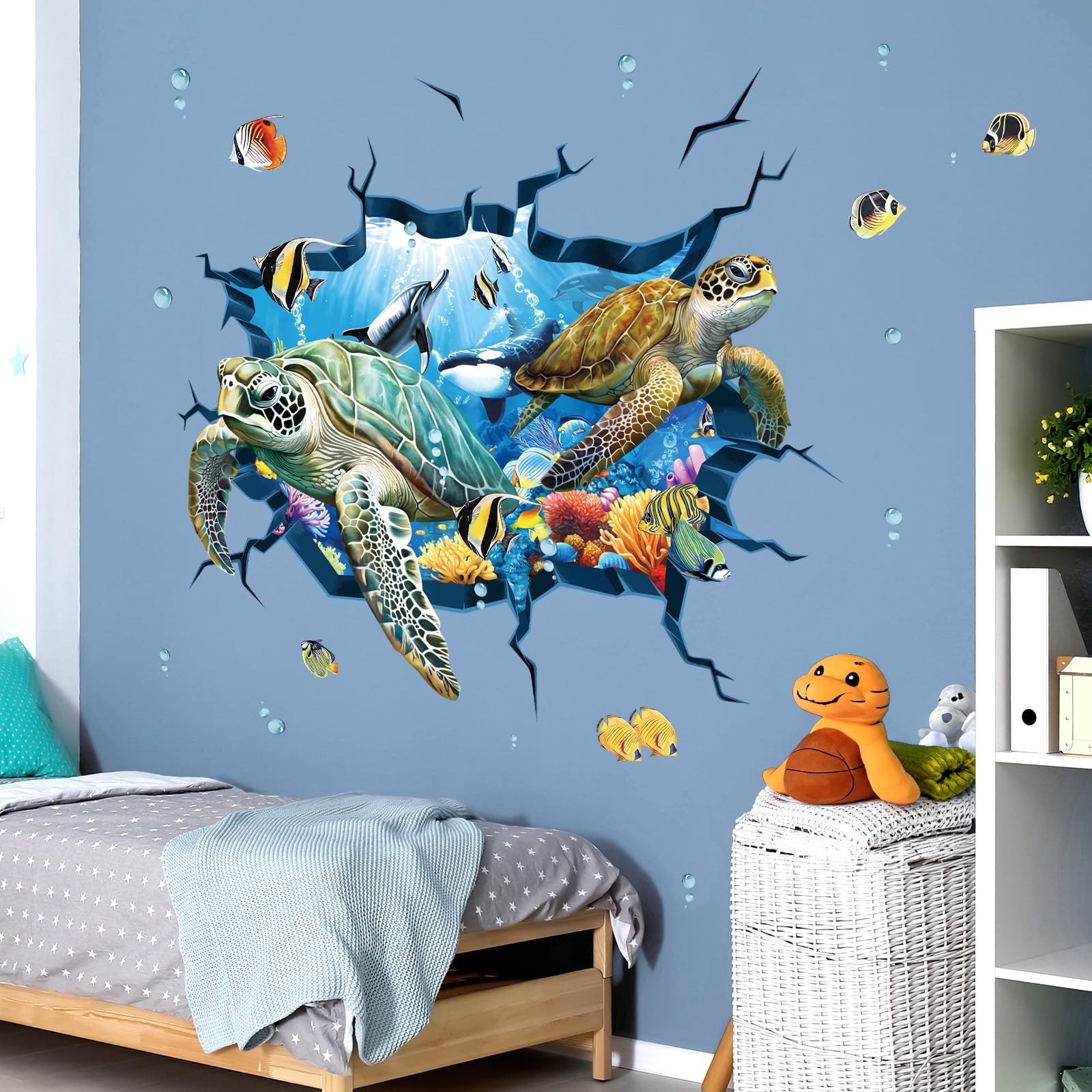 Decalmile 3D Under The Sea Turtle Wall Decals Underwater Ocean Fish Broken Wall Stickers Kids Bedroom Living Room Bathroom Wall