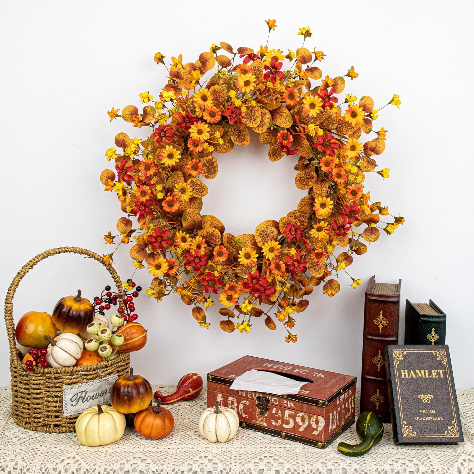 J'FLORU Fall Wreath 22 Inch Fall Wreaths for Front Door Artificial Autumn Wreath with Eucalyptus Leaves Orange Daisies for Harve