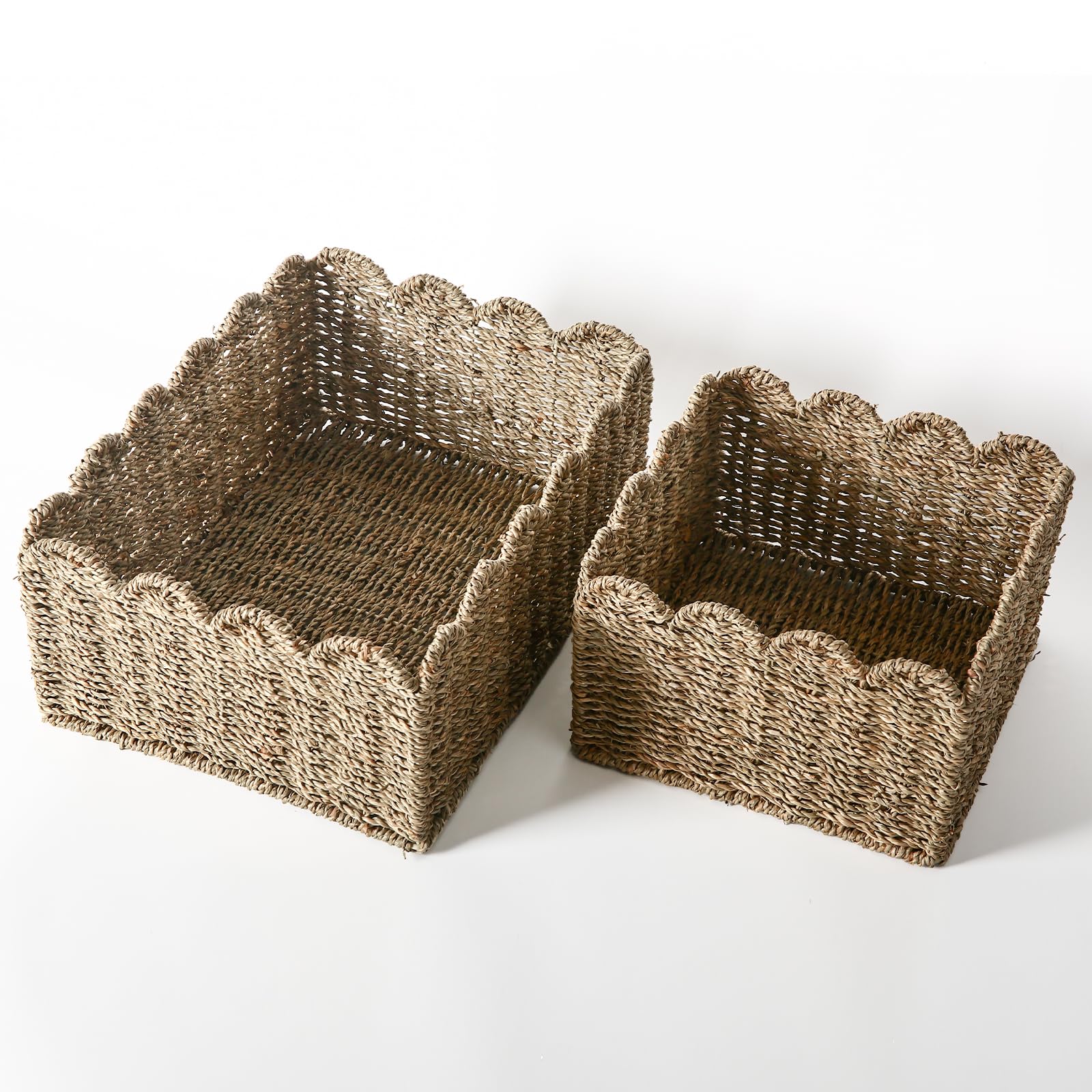 Scalloped Edge Basket, Wicker Storage Baskets, Hand Woven Baskets For Shelves,Natural Baskets For Organizing (Seagrass(S-9.5'' L