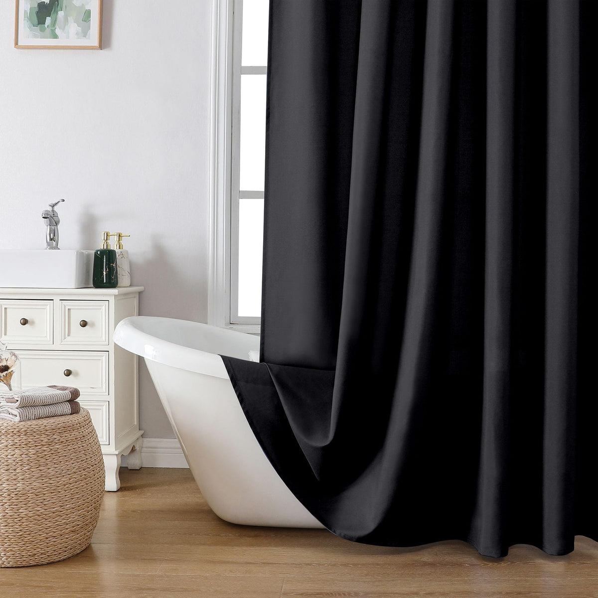 Ovzme Zora 96 Inch Shower Curtain Set With 12 Plastic Hooks, Plain Fabric Black Shower Curtain For Bathroom - Extra Long Shower
