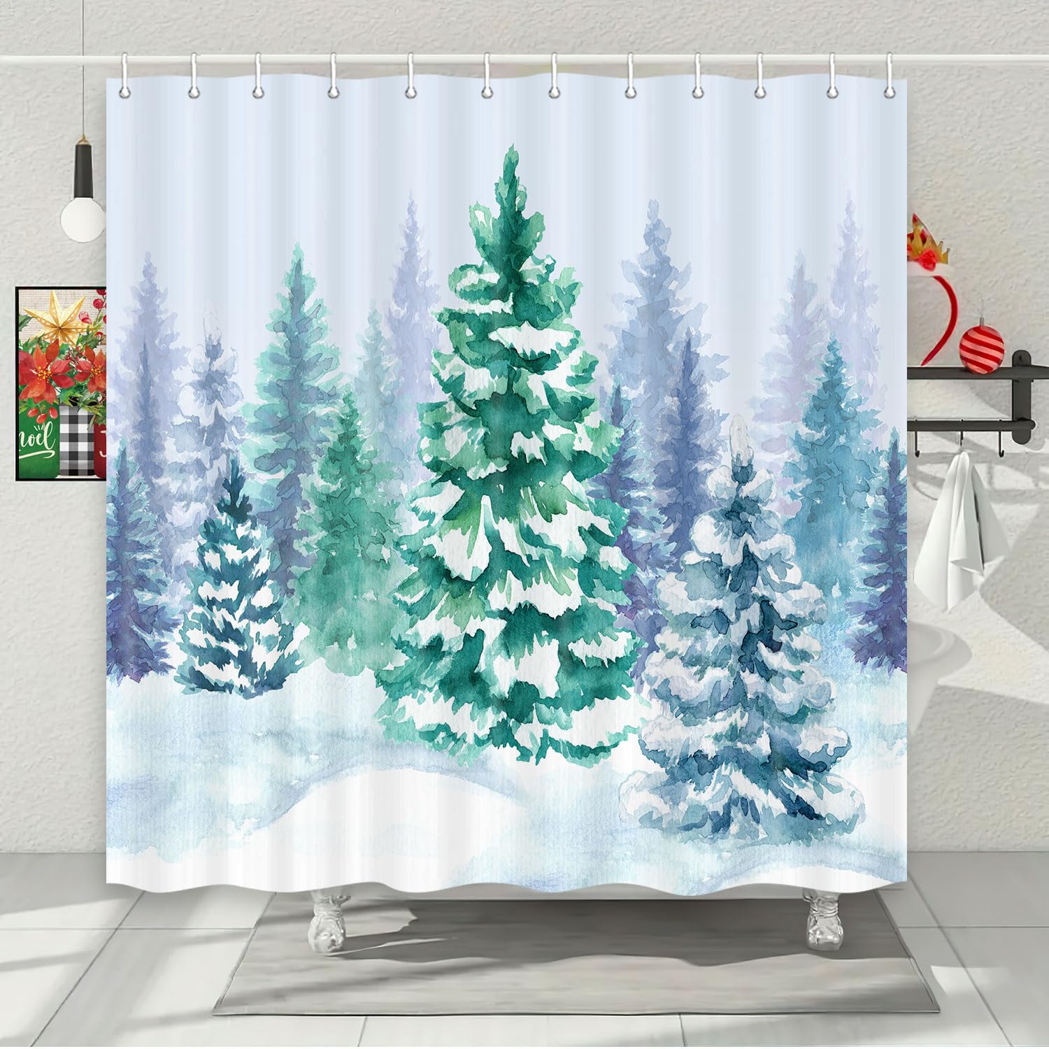 Wathon Rustic Snow Forest Shower Curtain, Snowy Teal Green Countryside Landscape Bathroom Curtain Christmas Pine Tree, Winter Na