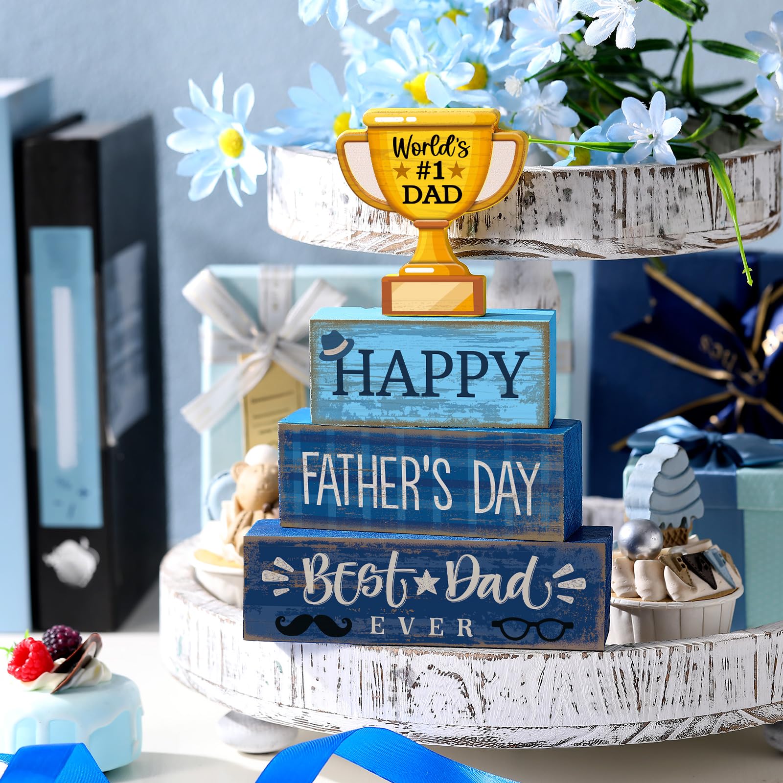 Yuntau 4 Pcs Father s Day Decorations Happy Father s Wooden Tabletop Tiered Tray Decor Rustic Best Dad Ever Trophy Wood Block Ta