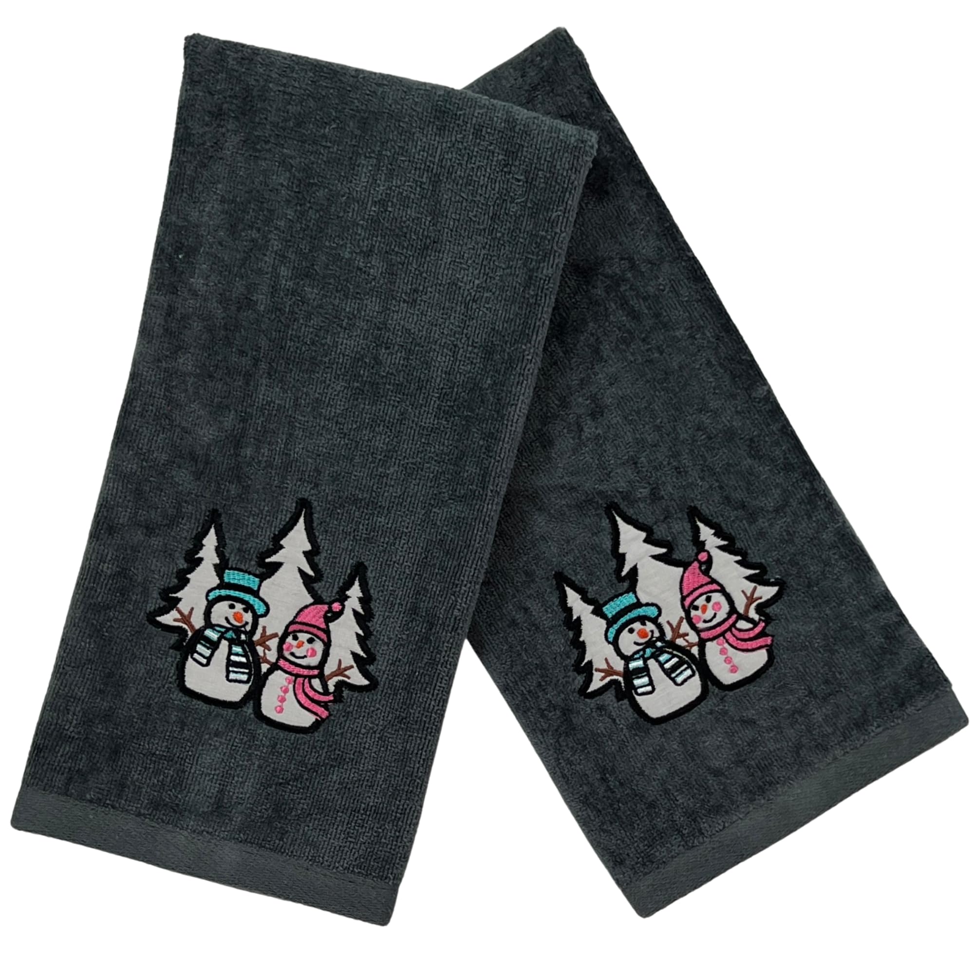 Luxury Holiday Christmas Hand Towels, Embroidered Snowmen, Forest Trees, Velour Terry Cotton, Grey, Set Of 2