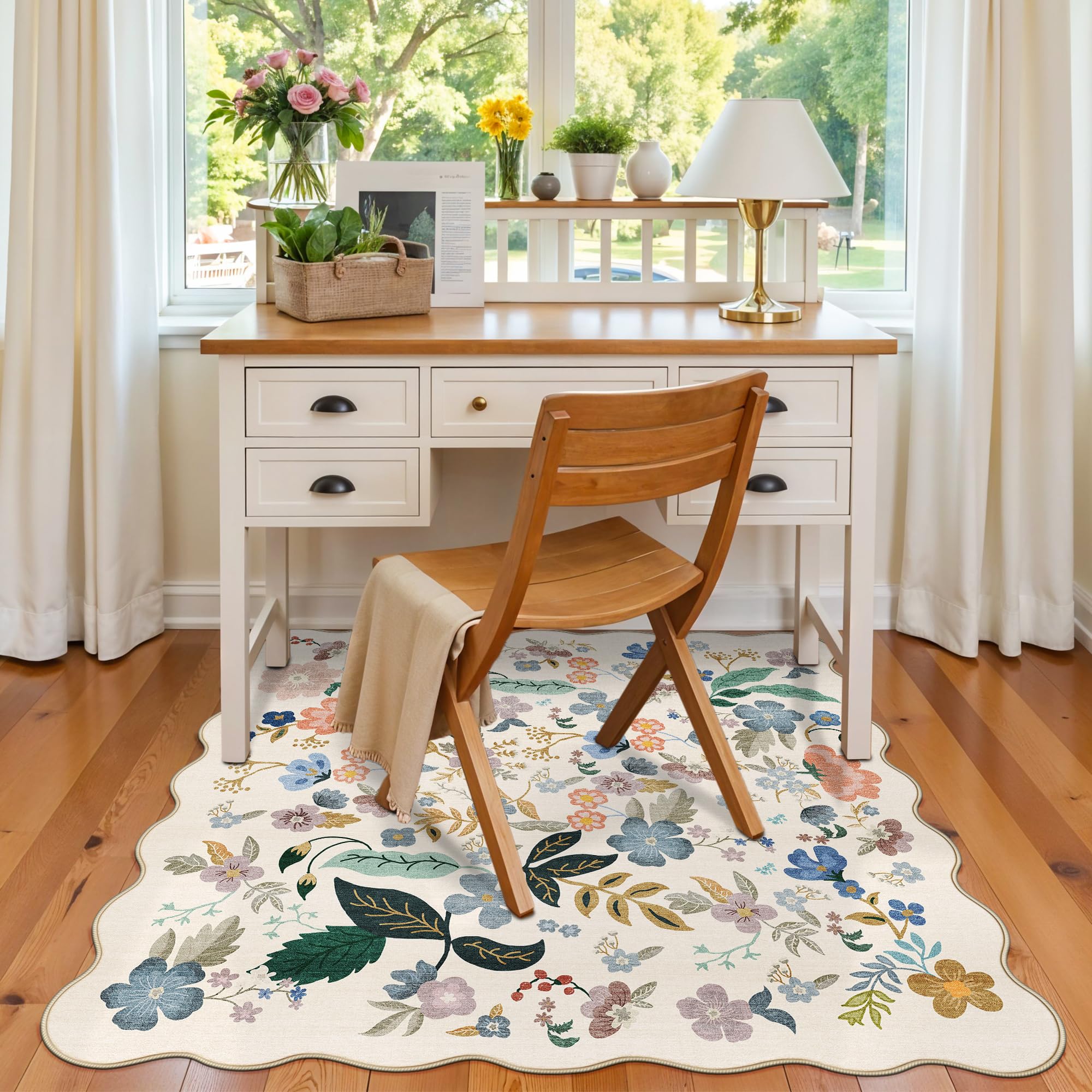 Washable 4x4 Square Area Rug: Floral Scalloped Soft Rugs for Living Room Bedroom Non Slip Bathroom Nursery Floor Mat Water Resis
