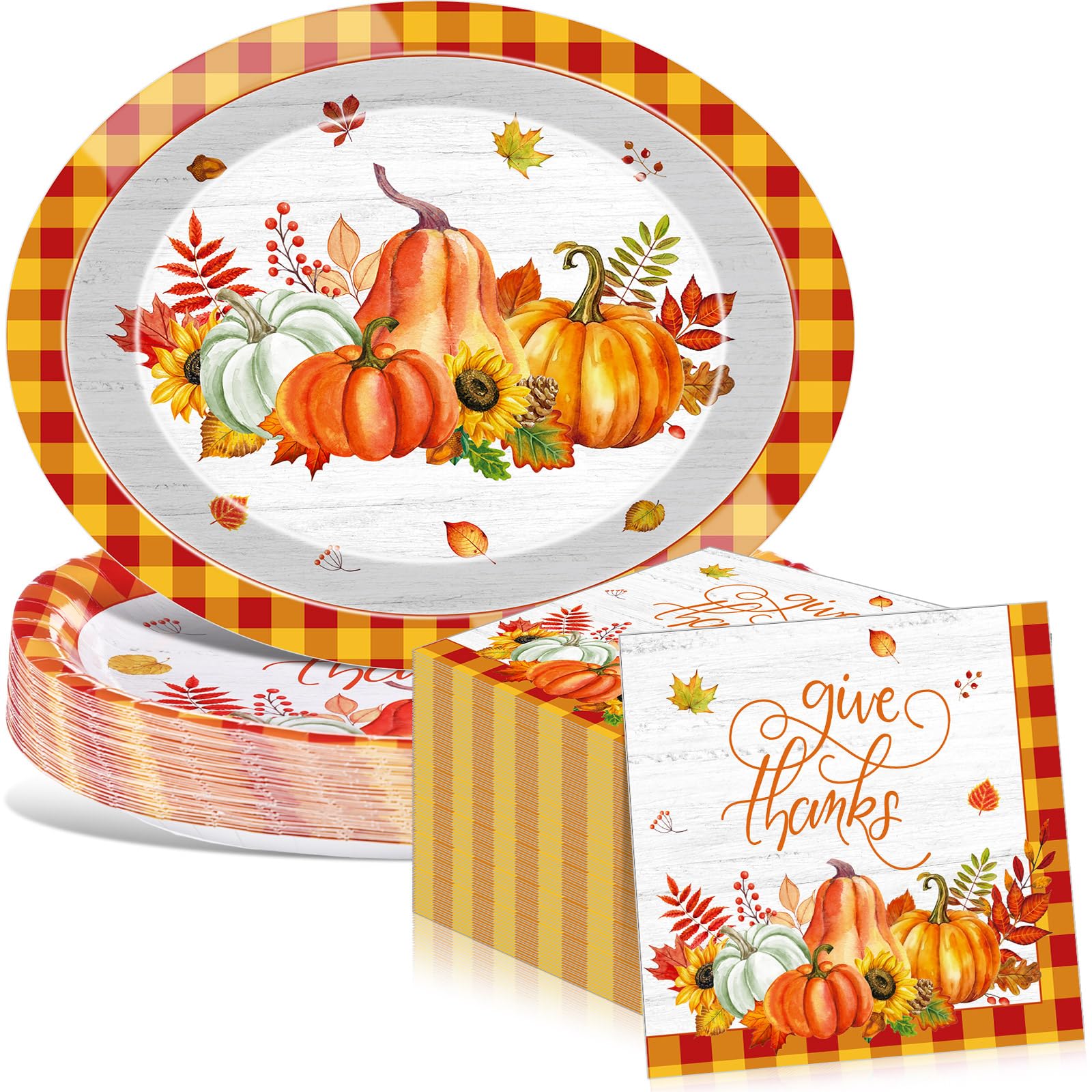 Mimorou 100 Pcs Thanksgiving Oval Paper Plates and Napkins Set-Serves 50, Disposable Fall Party Supplies Orange Pumpkin Serving 