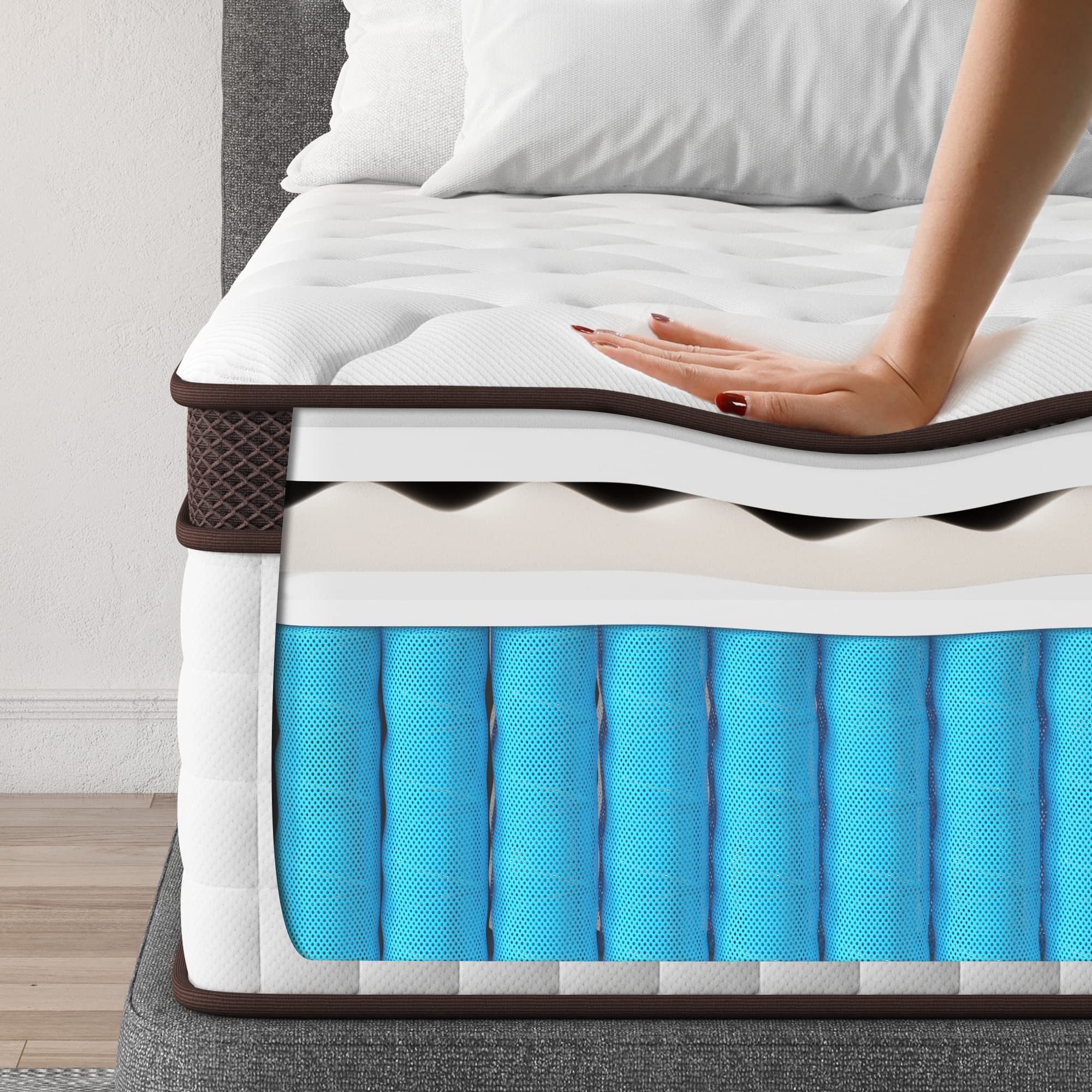 Kescas Twin XL Mattress 12 Inch Hybrid Mattress with Heavier Coils& Memory Foam Ergonomic Design for Pressure Relief Medium Firm Feel Made in North America