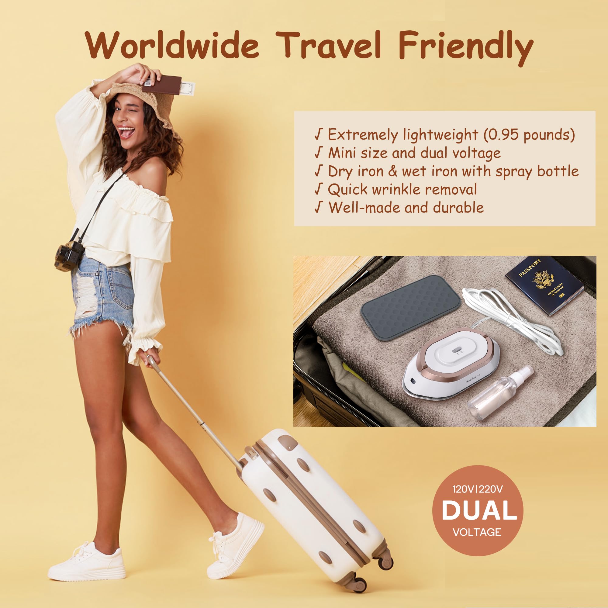 Newbealer Travel Iron With Dual Voltage - 120V/220V Mini Dry Iron For Clothes (No Steam), Non-Stick Ceramic Soleplate, 302? Heat