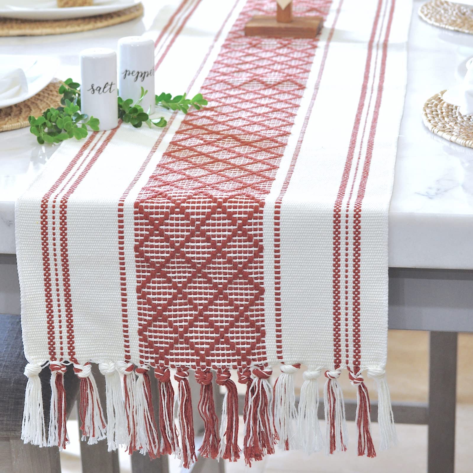 Oveesha Boho Dining Table Runner With Fringes 14 X 72 Inches, Rust Brown & Cream / Woven Washable Dresser Scarf For Bedroom, Far