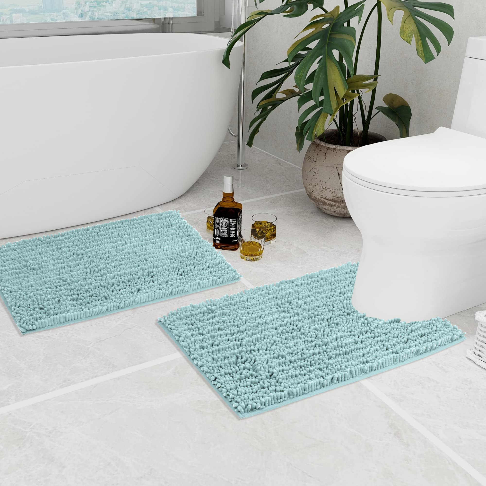 Walensee Bathroom Rug 2 Pieces Set Non Slip Bath Mat (20''X32'' Plus 20''X24'' U Spa Blue) Water Absorbent Super Soft Shaggy Che