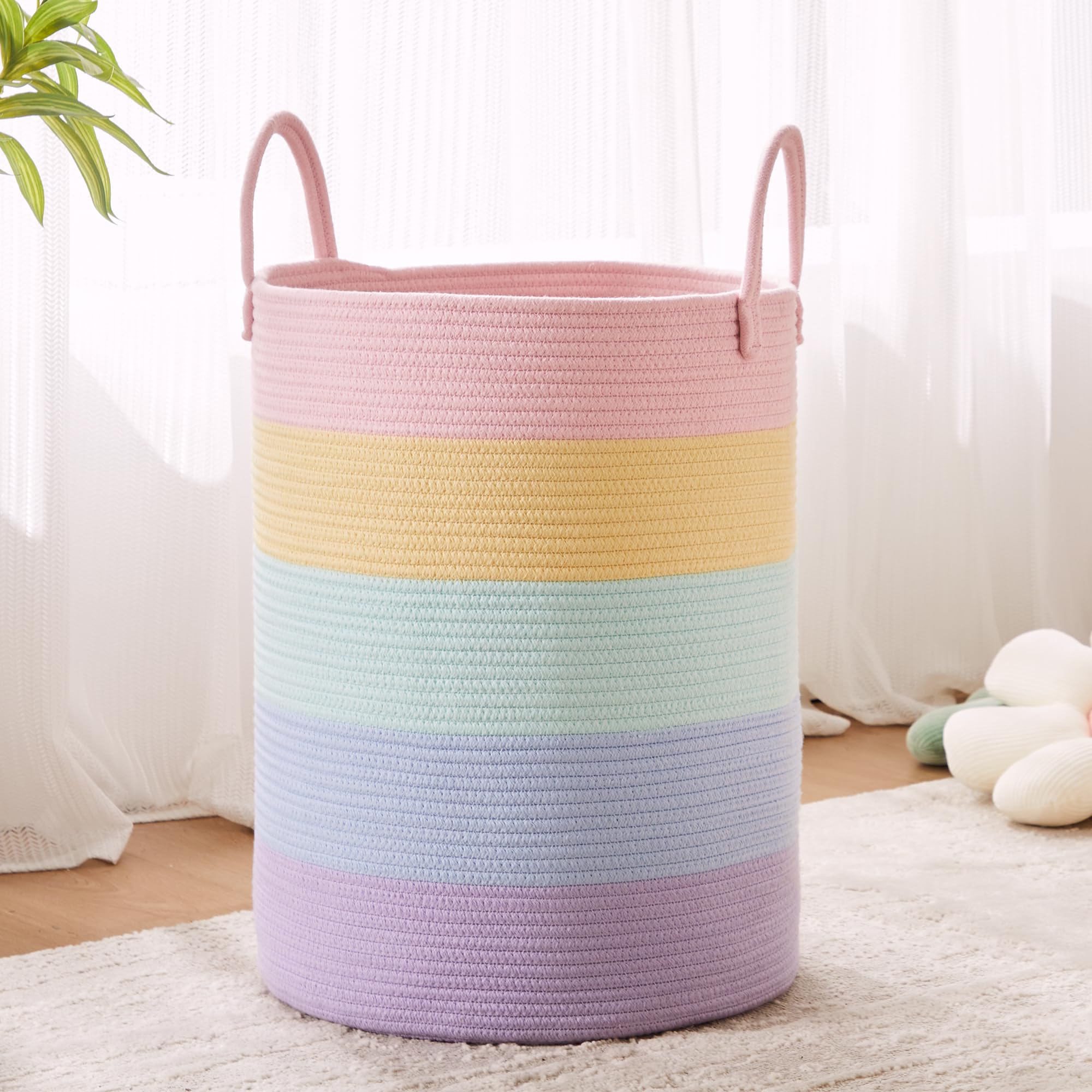 Mojoscend Rainbow Laundry Basket Hamper, 15Dx20H Inches Large Rainbow Hamper For Nursery Girl, Tall Blanket Basket For Living Ro