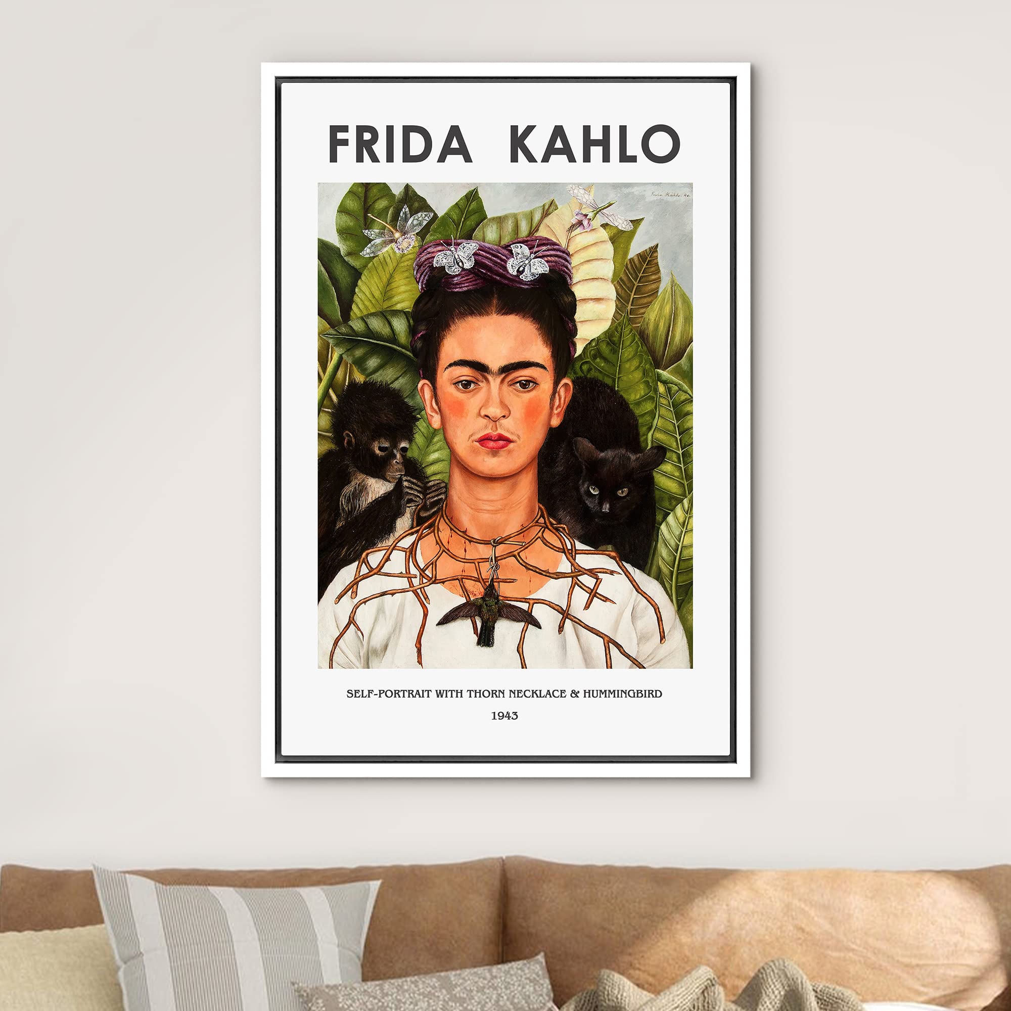 Idea4Wall Framed Canvas Print Wall Art Self Portrait Necklace & Hummingbird By Frida Kahlo Historic Cultural Illustrations Fine