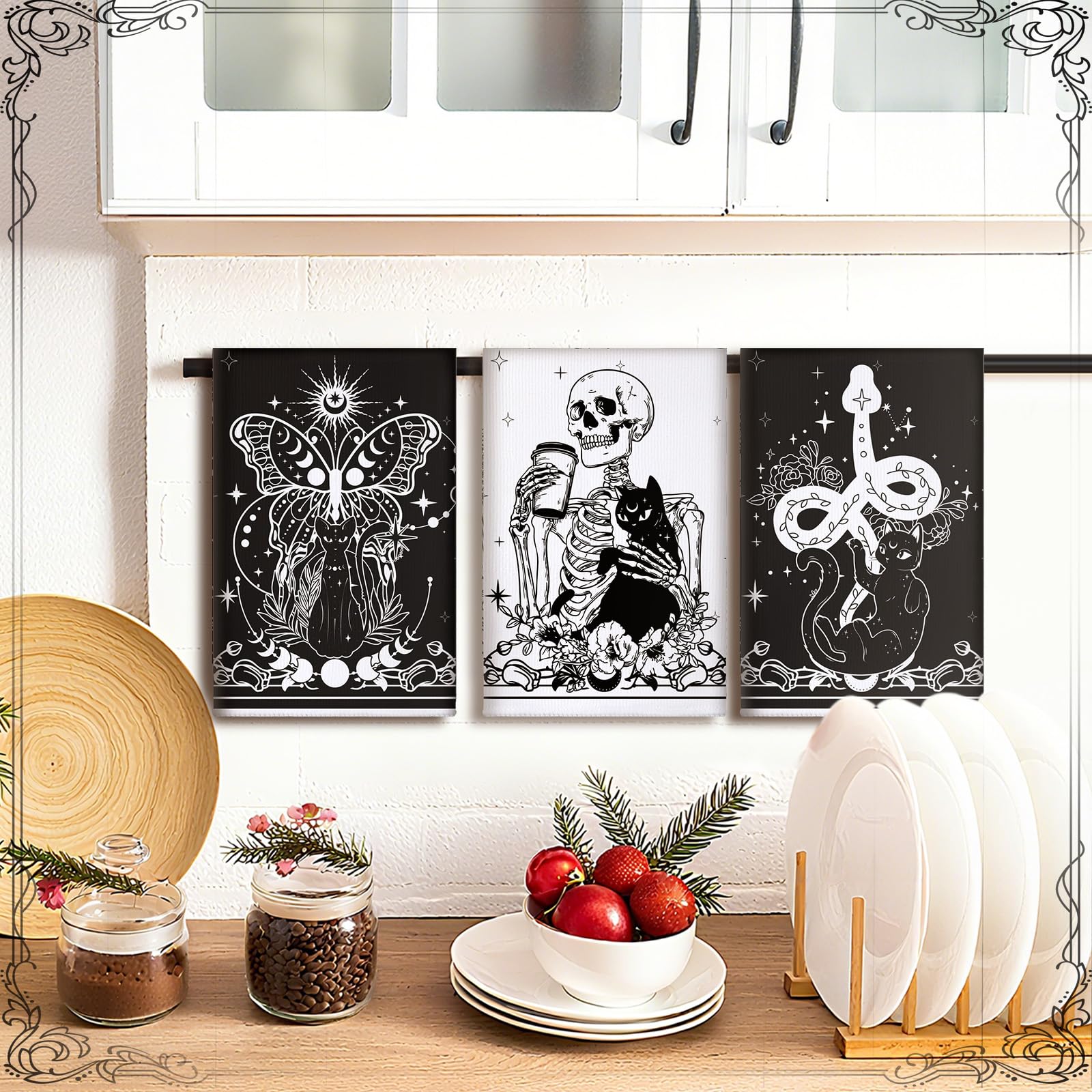 Bencailor 6 Pcs Christmas Skull Kitchen Towels Gothic Spooky Christmas Dish Hand Towels Black Cat Skeleton Tea Washcloth for Hor